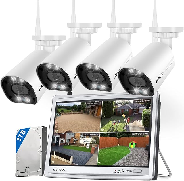 [2-way Audio / Color Night Vision] SANSCO 3TB Wireless CCTV Security Camera Systems | 12" Monitor 8CH NVR, (4) 3MP Outdoor WiFi IP Cameras, Built-in Mic/Speaker/Alarm Siren, Human Detection, Instant Phone Push Alerts