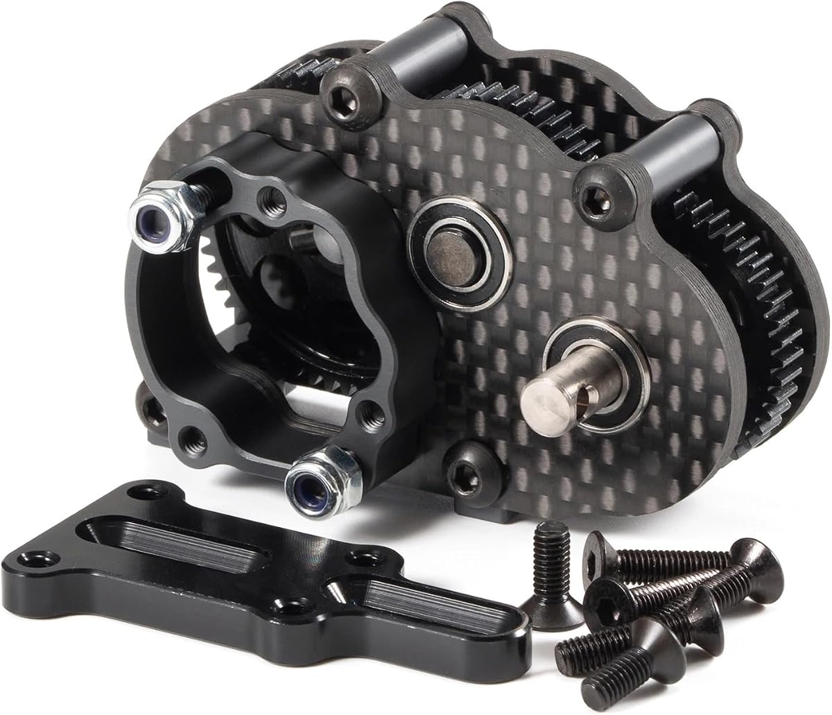 Carbon Fiber OD-3 Transmission Overdrive Gearbox 18.6% Front OD | Right Side Motor Forward Mounting, Fits 48P Pinions from 9T to 17T, with Aluminum Axial 3 Gear Adapter Plate