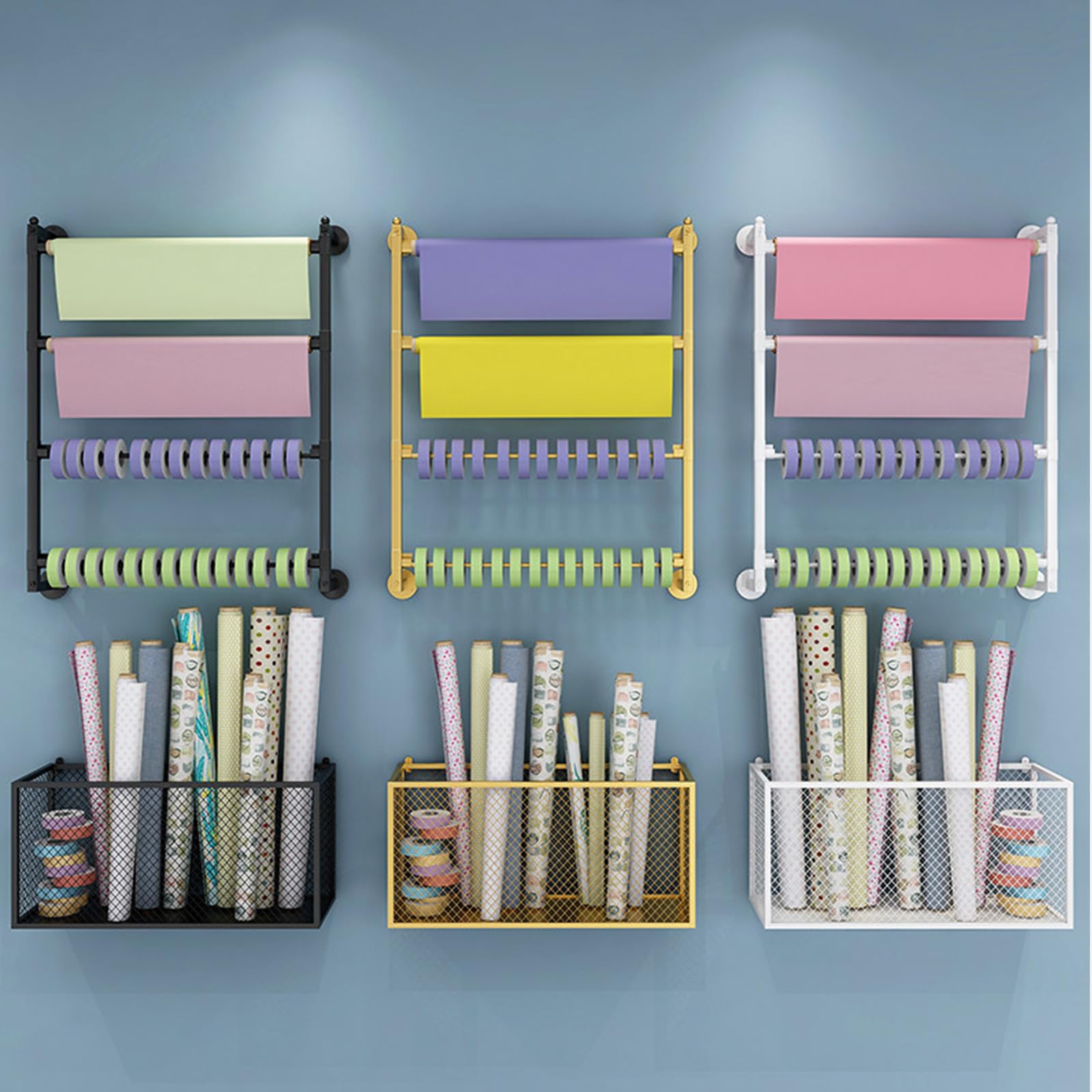 Organizer da parete per carta da regalo, in rete metallica, dispenser per nastro adesivo, per rotoli di carta regalo, artigianato, casa, ufficio (70 cm di larghezza, bianco)