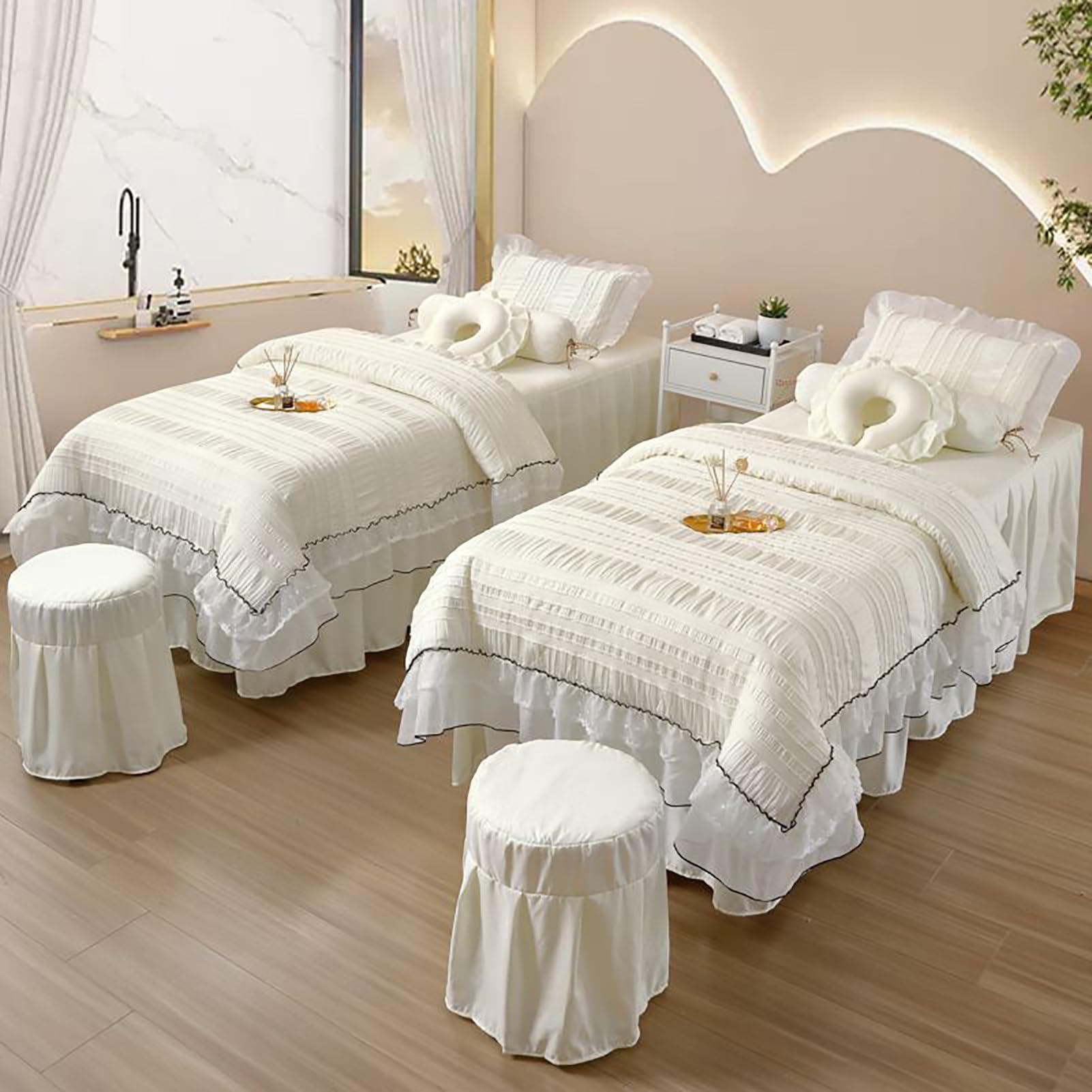 Spódnica do stołu kosmetycznego,pokrowiec na stół do masażu z otworami wentylacyjnymi, 4-częściowy zestaw pościeli do stołu do masażu spa,White,80x190cm(31x75inch)