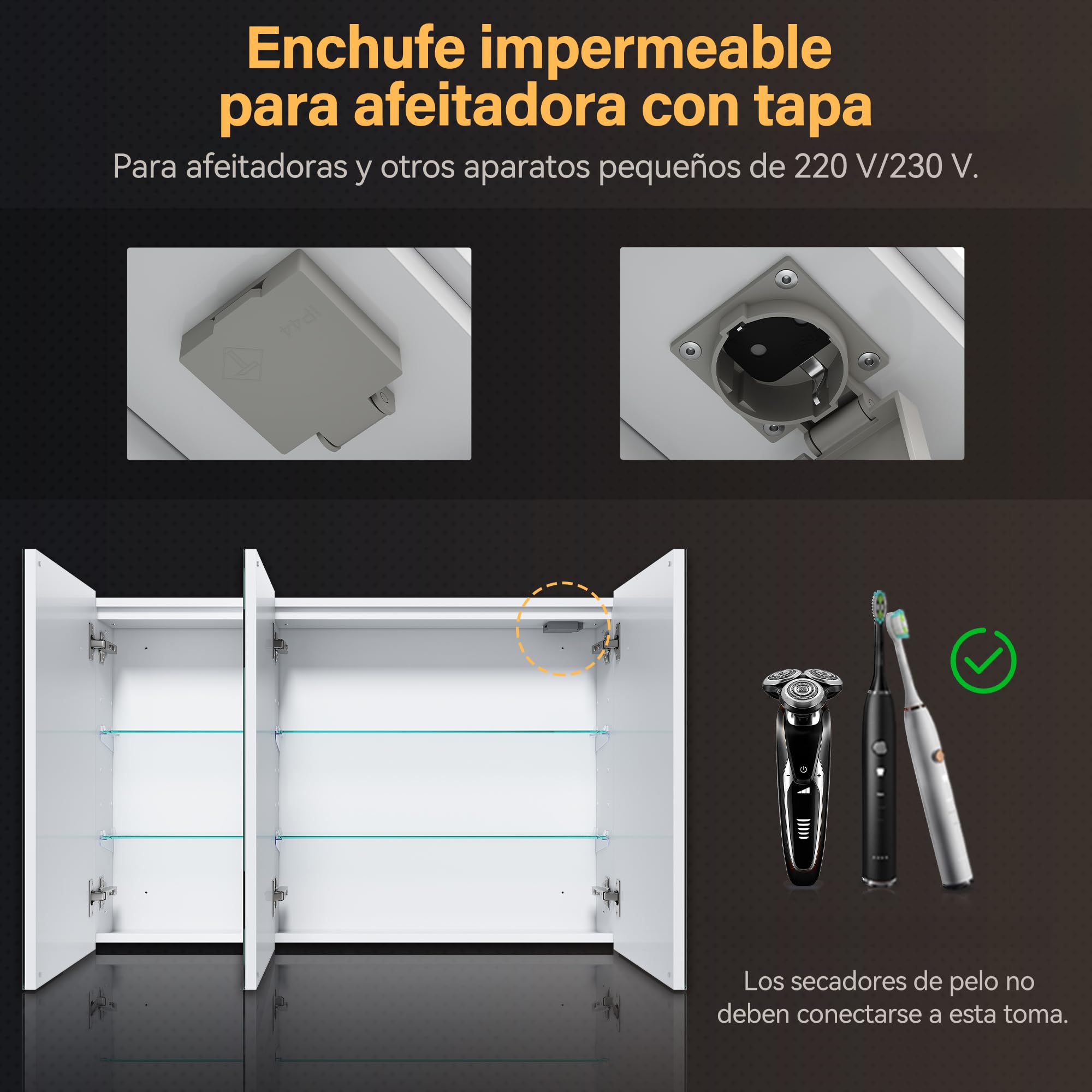SONNI Armario Baño Espejo con Iluminación LED, Mueble Espejo Baño LED Antivaho Regulable en 3 Colores, Armario con Espejo de 3 Puertas con Bisagra Inalámbrica 90x60x14cm