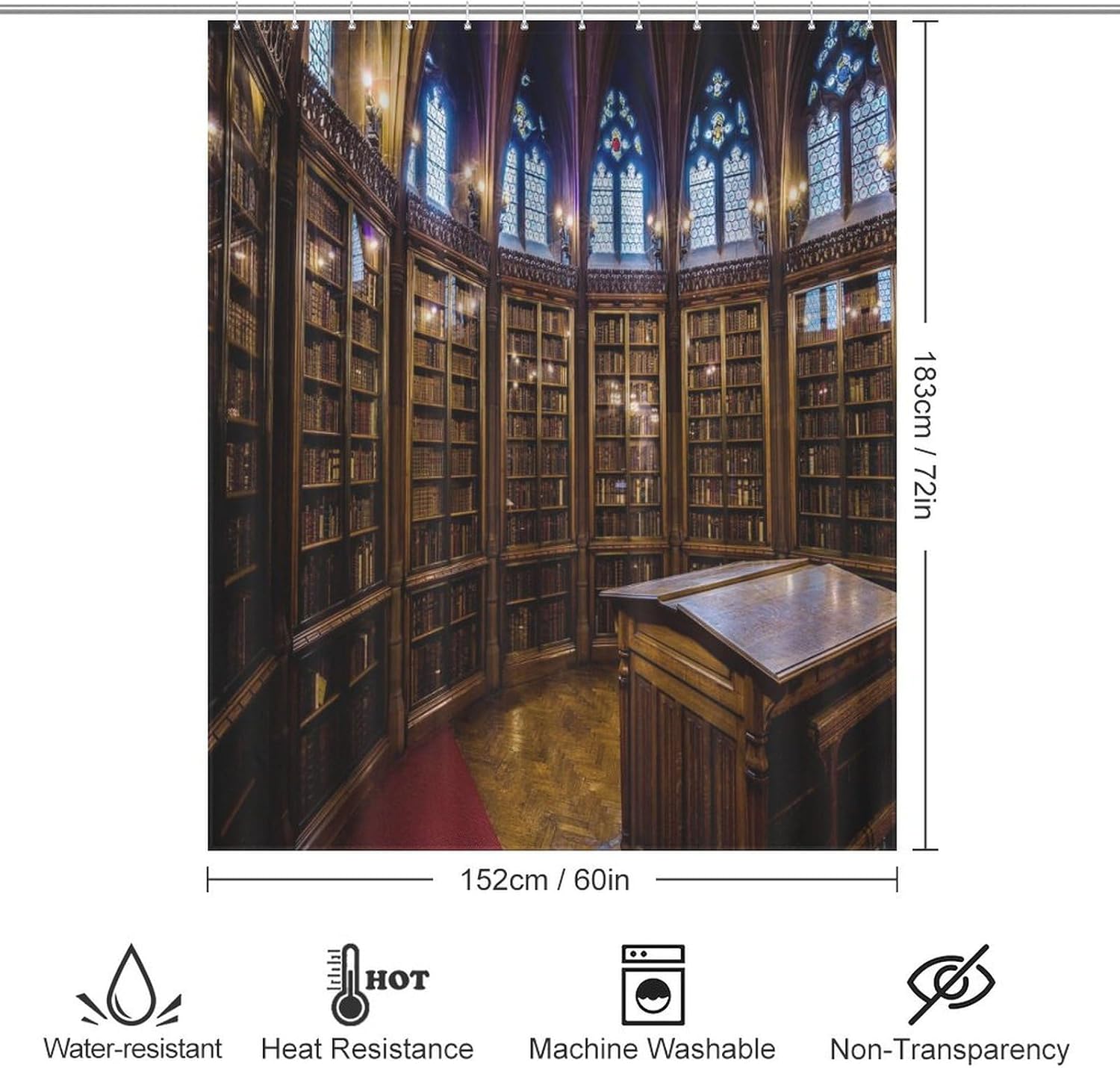 Bookshelf Shower Curtain, Vintage Middle Ages Books Library Bookshelf Mid Century Bookcase Washable Waterproof Fabric Bath Curtains Set for Bathroom Decor Art with 12 Hooks - 60x72Inch（152x183cm）