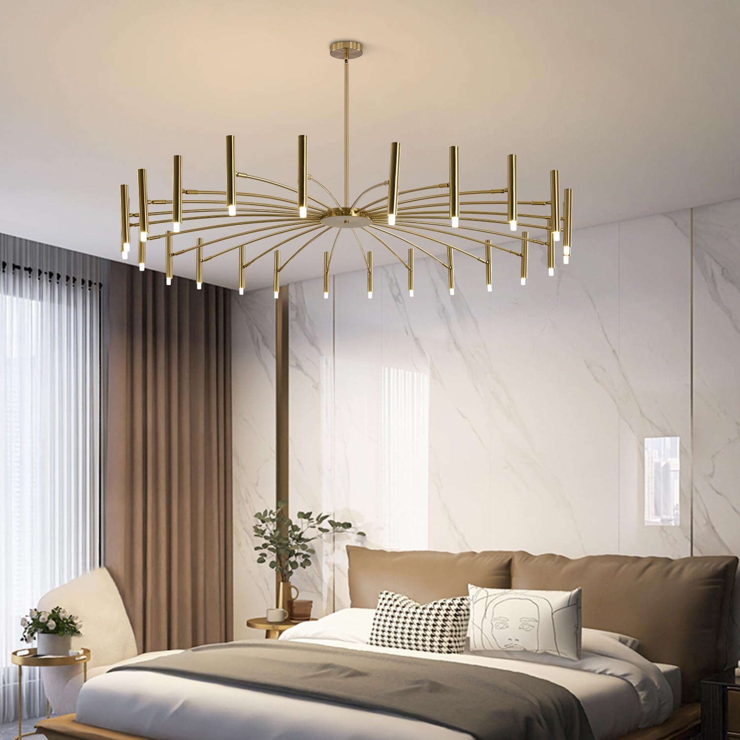 KCO Lighting Mid Century Modern Gold Sputnik Chandelier 24-Light Antique Brushed Brass Large LED Chandeliers Farmhouse Hanging Semi Flush Mount Ceiling Light Kitchen Island Dining Pendant Lights