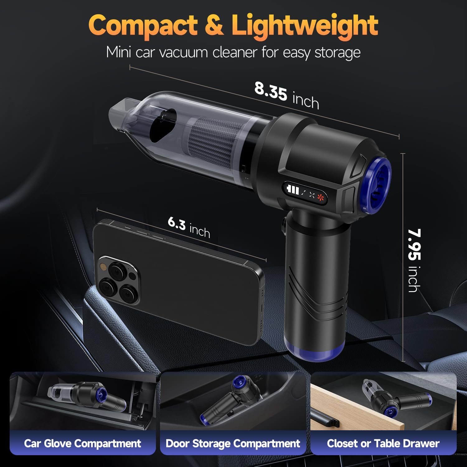 Car Vacuum Portable Cordless High Power Small Handheld Vacuum Cleaner 4-in-1 Compressed Air Duster & Air Blower & Pump Hand Held Mini Vacuum for Christmas Cars,Office,Home Cleaning - Image 6