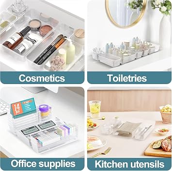 Clear Makeup Drawer Organisers Set of 8/14, Transparent Desk Organiser Trays for Drawers, Multi-Size Plastic Divider Inserts for Cosmetics, Office Supplies, Cutlery & Accessories (8 pcs)