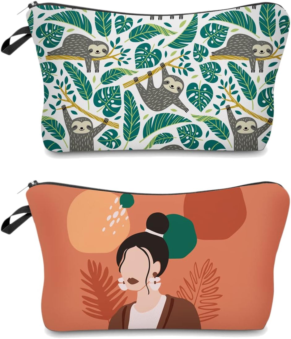 LOOMILOO Cosmetic Bag for Women, Adorable Roomy Makeup Bags 2 PCS Travel Water-resistant Toiletry Bag Accessories Organizer (Sloth 51476+L2-55286)