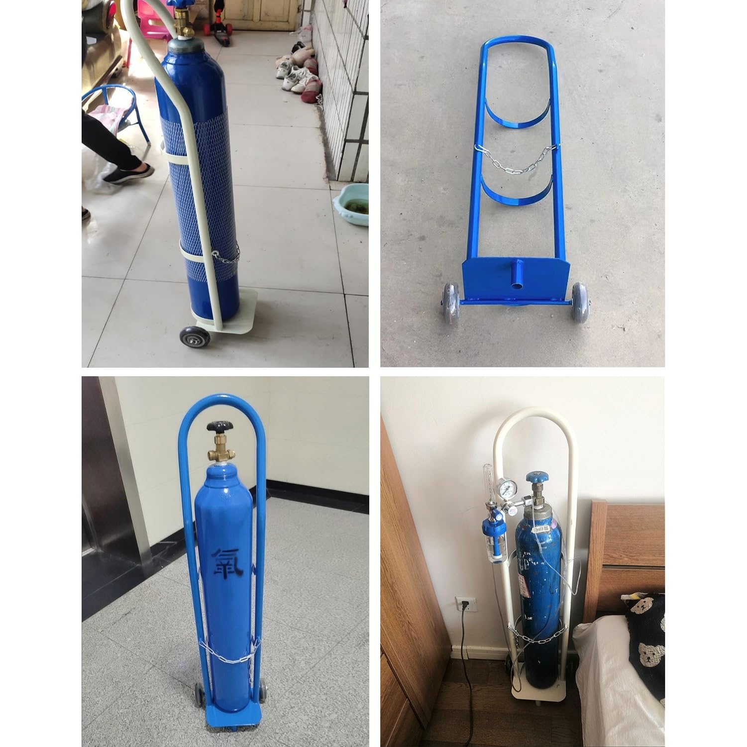 Genérico Carro Individual para bombonas de oxígeno, Carro portátil para Transporte de bombonas de Gas con Ruedas y Cadena de Seguridad, Soporte de Acero para bombonas de 8L, 10L o 15L (blan