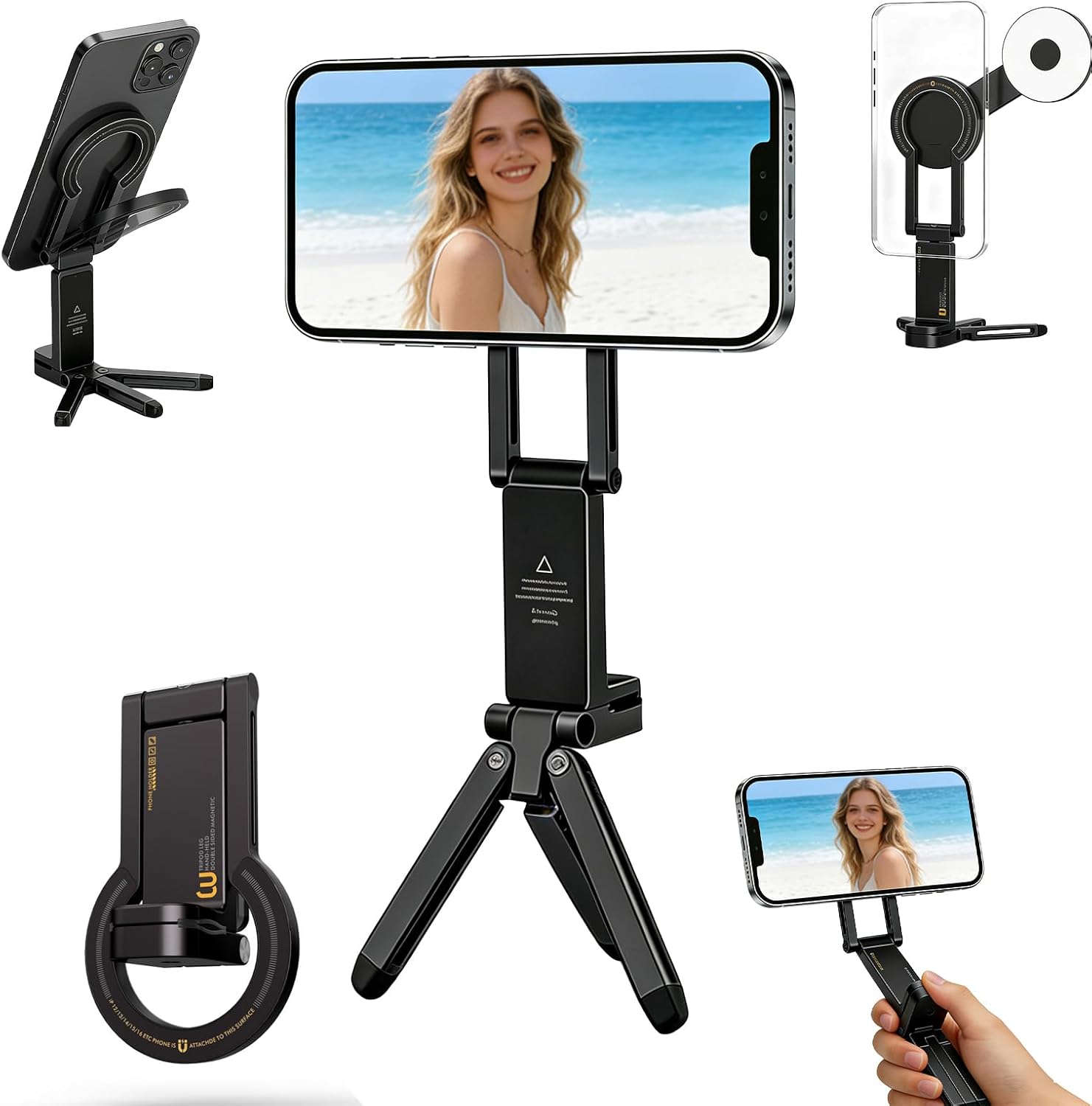 Magnetic Phone Tripod for Travel, Airplane Phone Holder with 360°Rotation, Immediate Attach Attractive Car Phone Stand Highlighting Hard Wearing Metal Base and Flexible Positioning for Guidance (Black