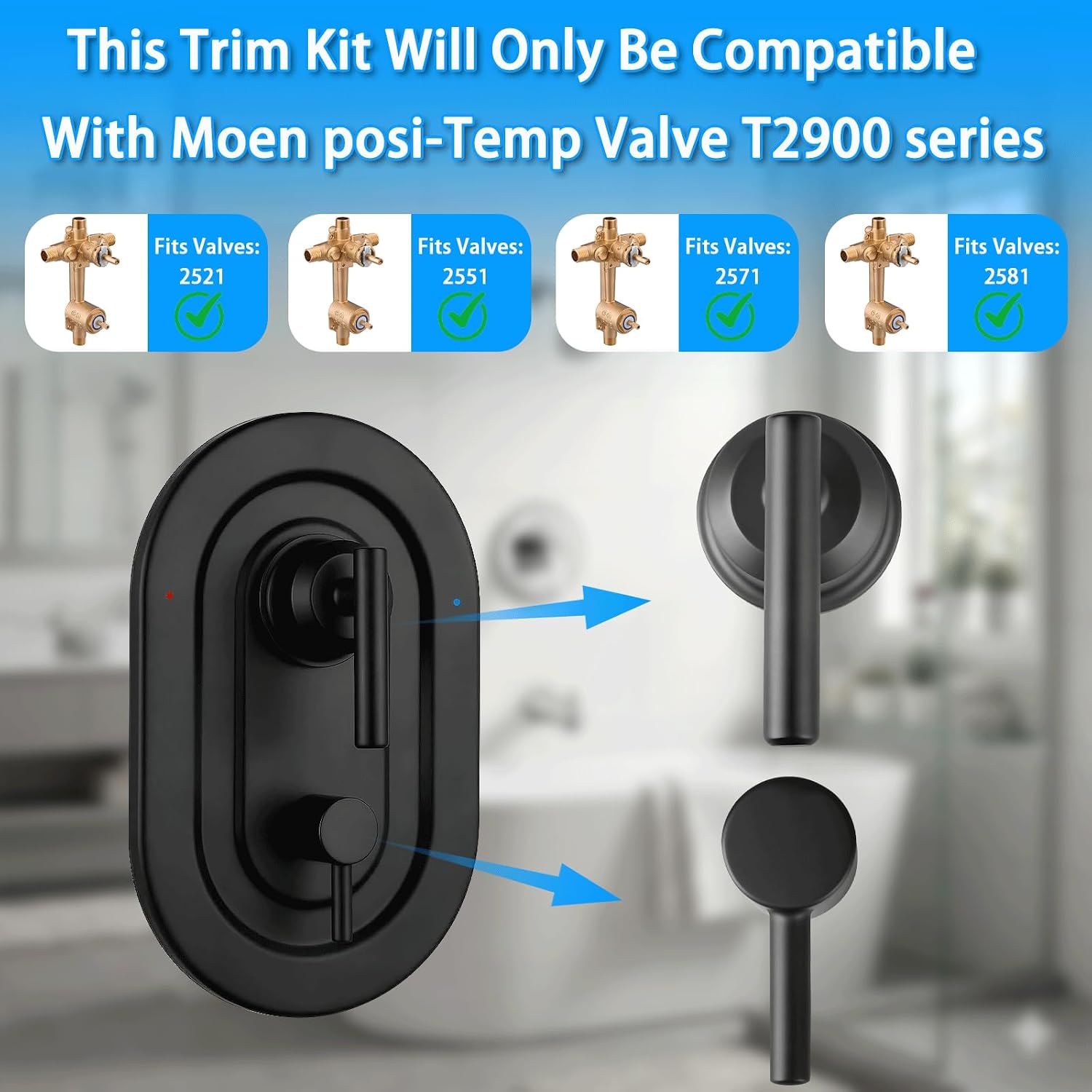 T2900BL Matte Black Shower Handle 3-Function Transfer Valve Shower Trim Kit, Compatible with Moen T2900BL Gibson Posi-Temp Series, Fits 2521, 2551, 2571, 2581 Rough-In Valve (Valve Not Included)