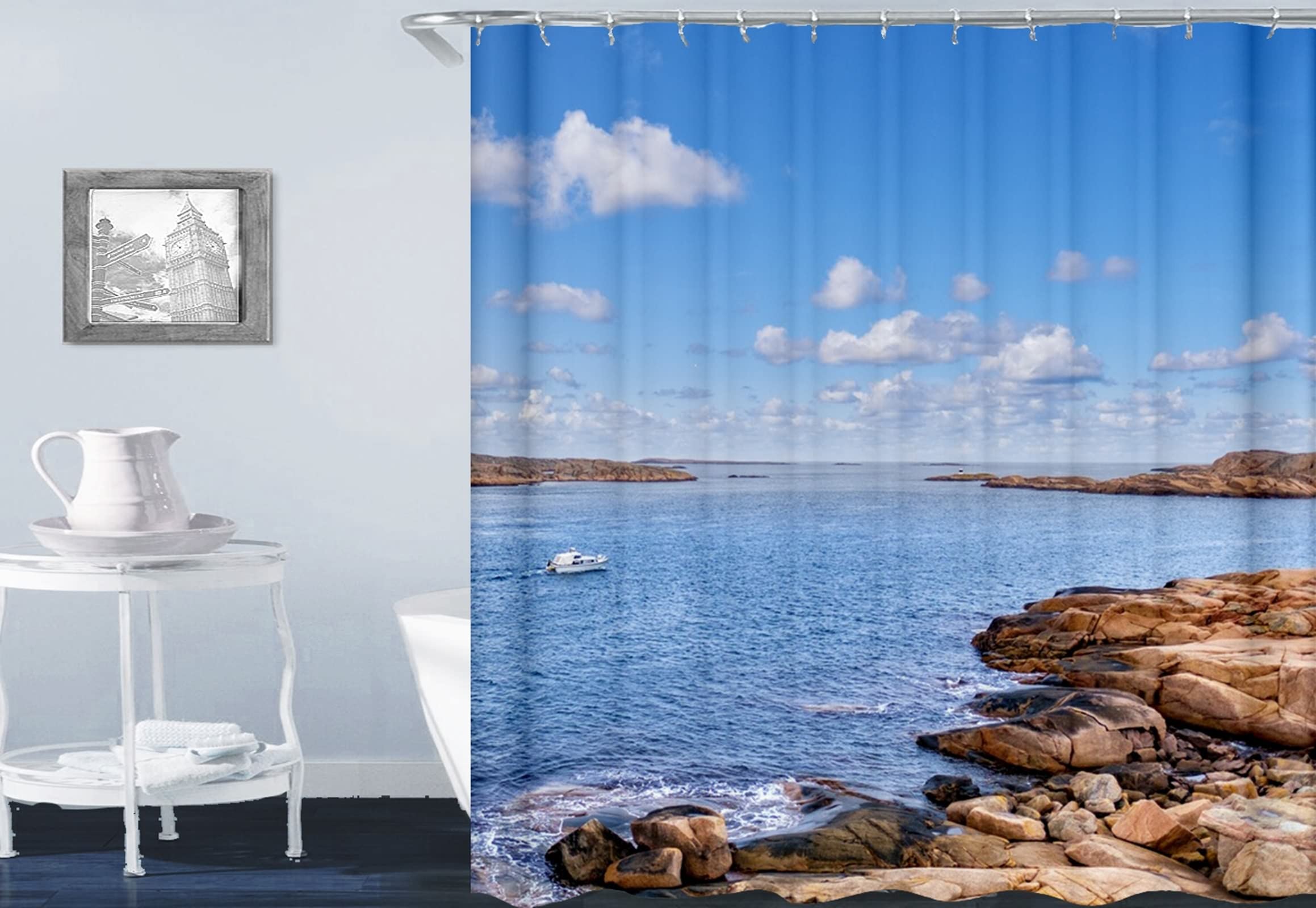 Rideau de douche polyester KnSam avec anneaux motif mer pour rideau salle de bain