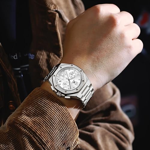 Miniatura 3 de OLEVS Reloj de acero inoxidable para hombre, octogonal de tres manecillas, de cuarzo, analógico, de lujo, fácil de leer, calendario, fecha,