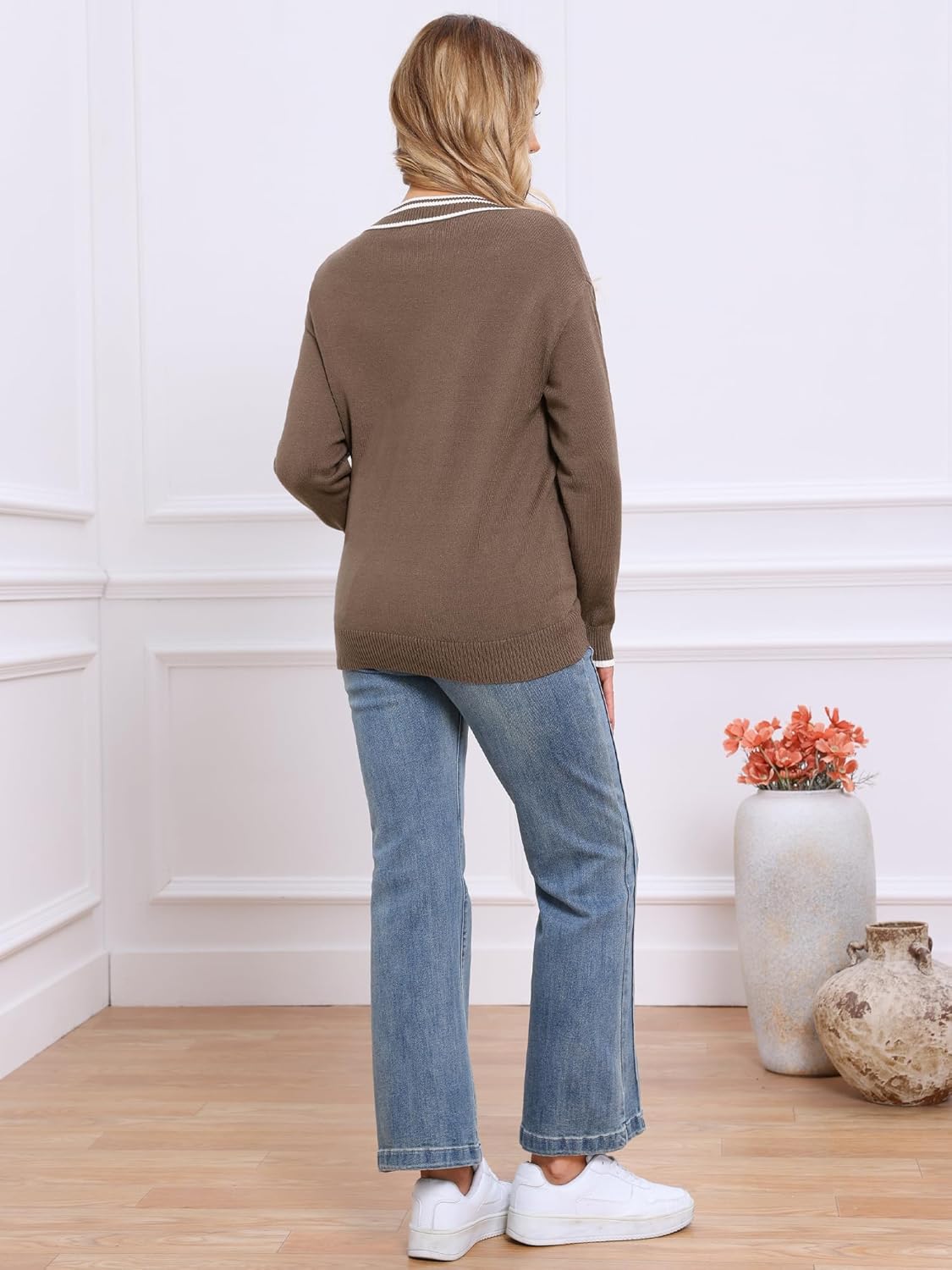 Allegra K V Neck Sweaters for Women Long Sleeve Knit Striped Pullover Tops Fall Casual Sweater 2025 - Image 3