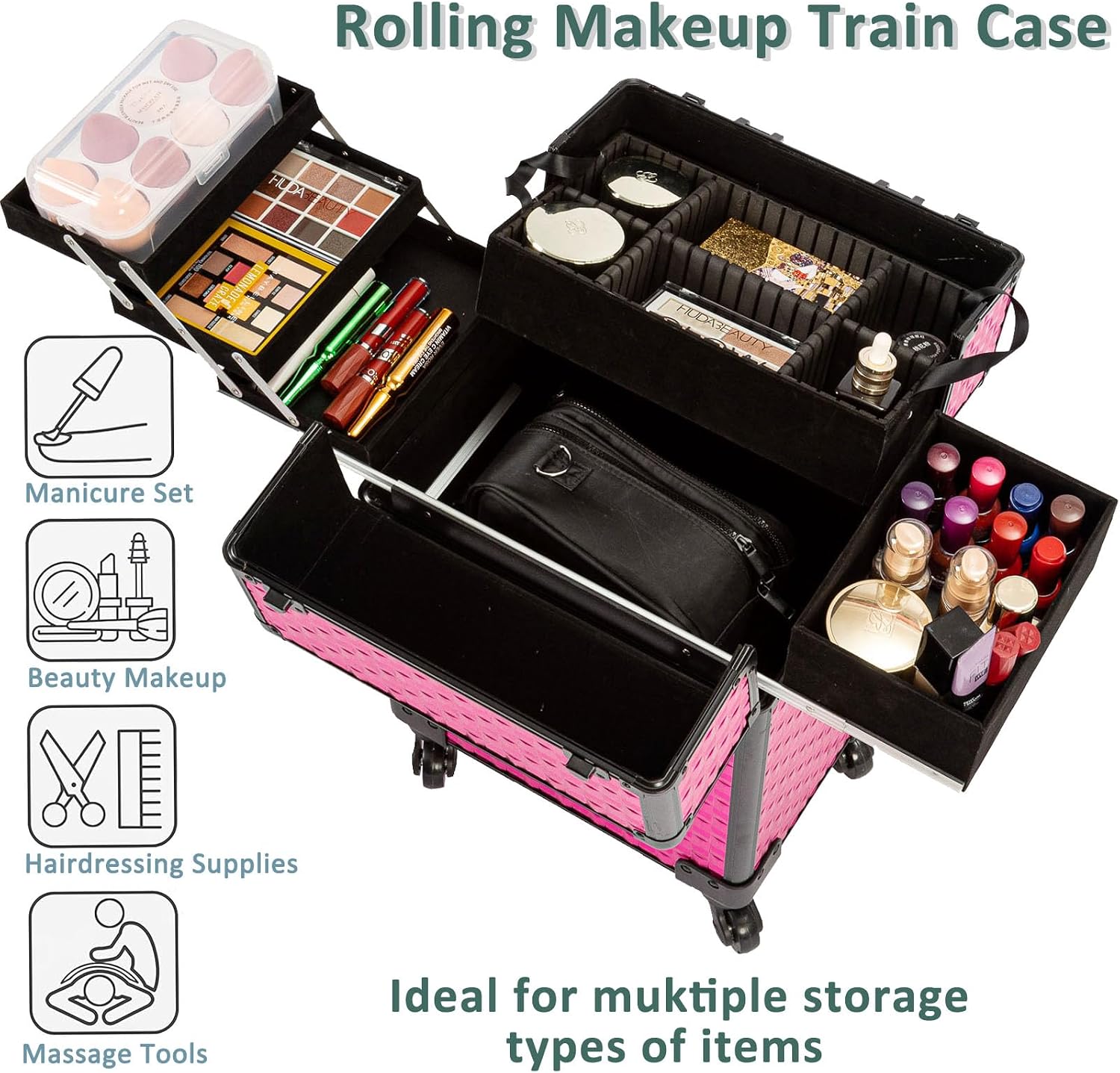 Arous Rolling Train Makeup Case Cosmetology Case on Wheels, Rose Red