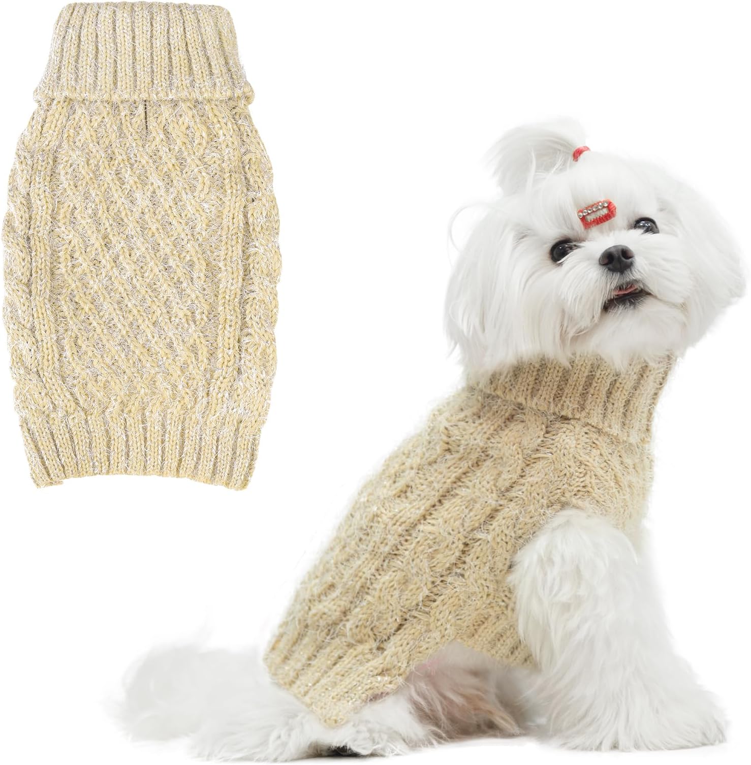 Turtleneck Small Dog Sweaters - Classic Cable Knitwear Winter Coat for Small Medium Dogs Male Female Puppy Dog Cold Weather Clothes Girls Boys, Cream, S