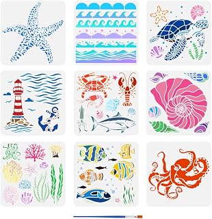 FINGERINSPIRE 9 Pcs Summer Ocean Painting Stencil with Brush 11.8x11.8inch Sea Waves Drawing Template Fish Shells Lighthouse Turtle Octopus Corals Stencil for Painting on Wood Wall Fabric Furniture