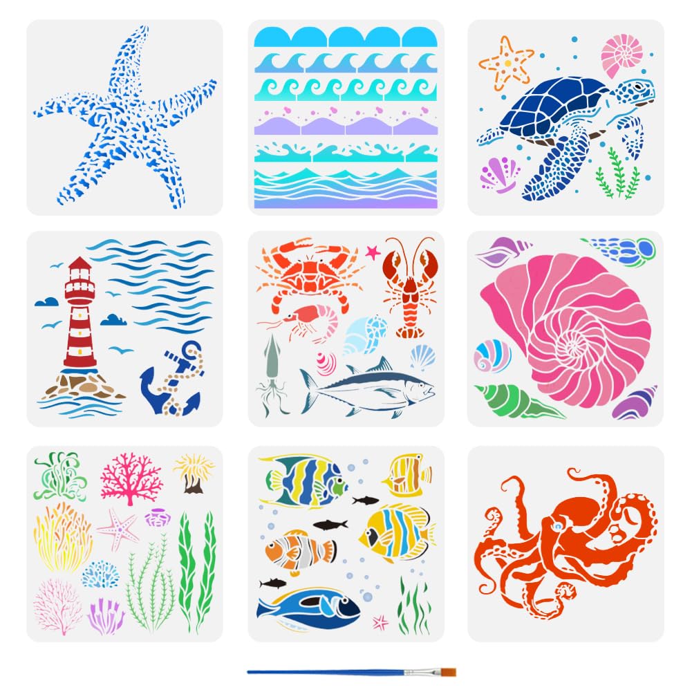 Pochoir de peinture océanique FINGERINSPIRE 30x30cm avec pinceau pour bois et mur
