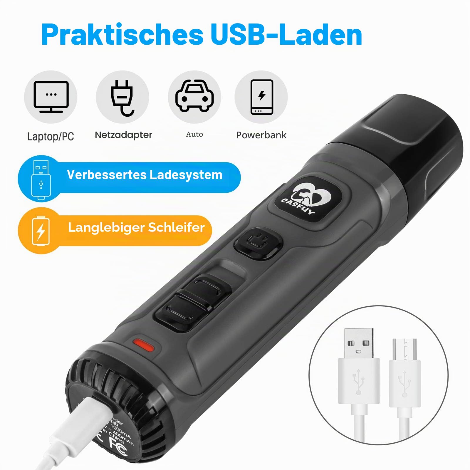 Casfuy Krallenschleifer für Hunde mit 2 LED-Leuchten – 2 Geschwindigkeiten, leiser, leistungsstarker elektrischer Krallenschneider für kleine, mittelgroße Hunde und Katzen