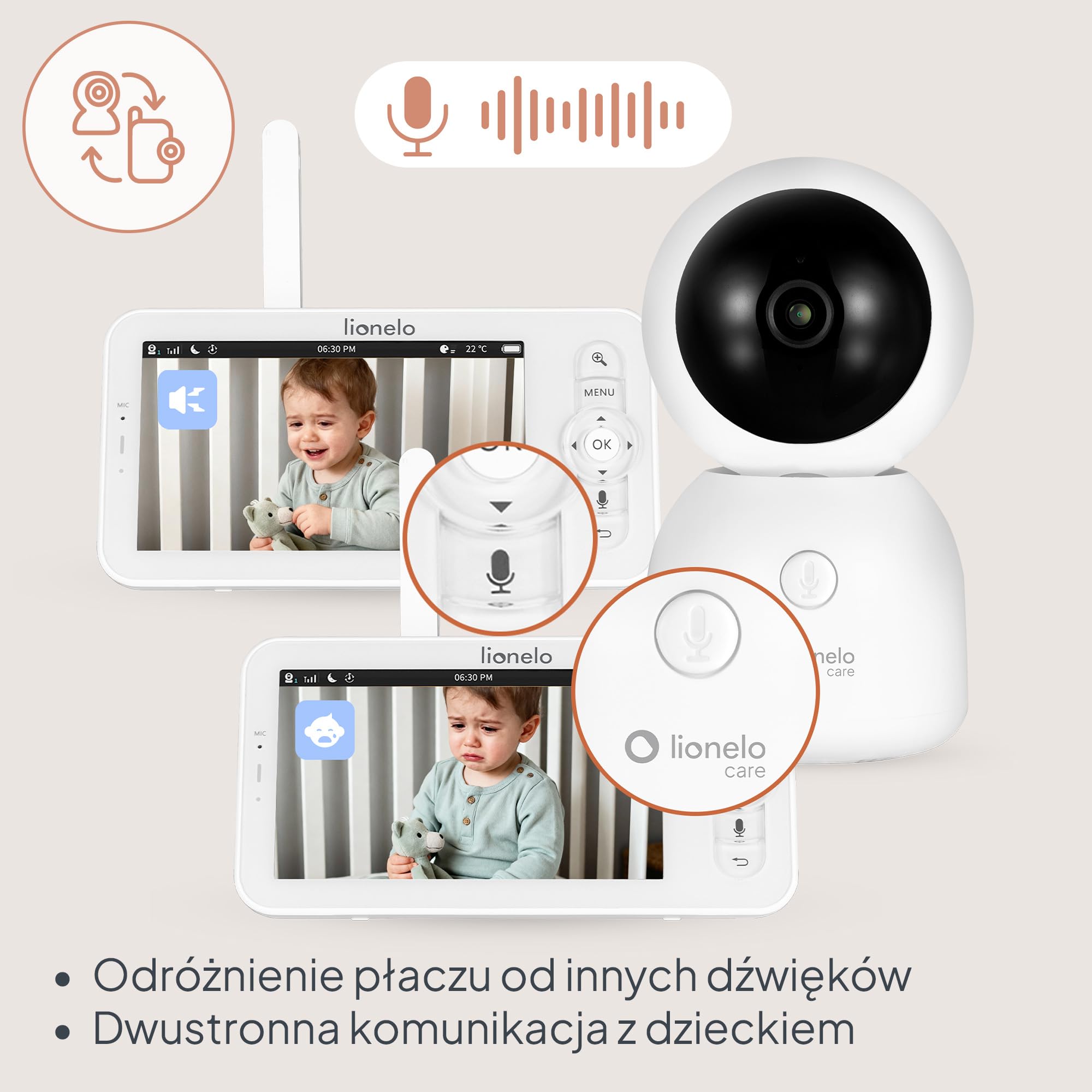 Lionelo Babyline 9.2 Ai Niania Elektroniczna Wideo, Kamera 2K, Monitor 5", WiFi, Alerty AI, Śledzenie Ruchu, Wykrywanie Płaczu i Zakrycia Głowy, VOX, IR, Aplikacja, Czujnik Temperatury i Wilgotności