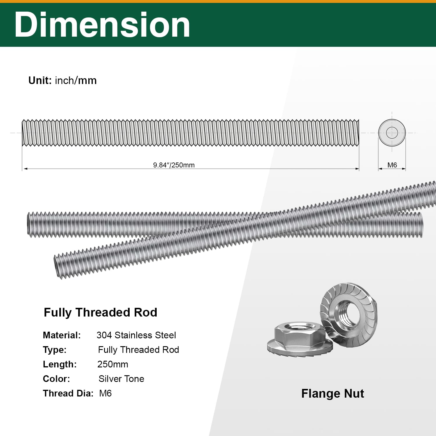 Stainless Steel Threaded Rods - 6 Pack M6 -2 Stainless Steel Threaded Rods - 6 Pack M6 -2