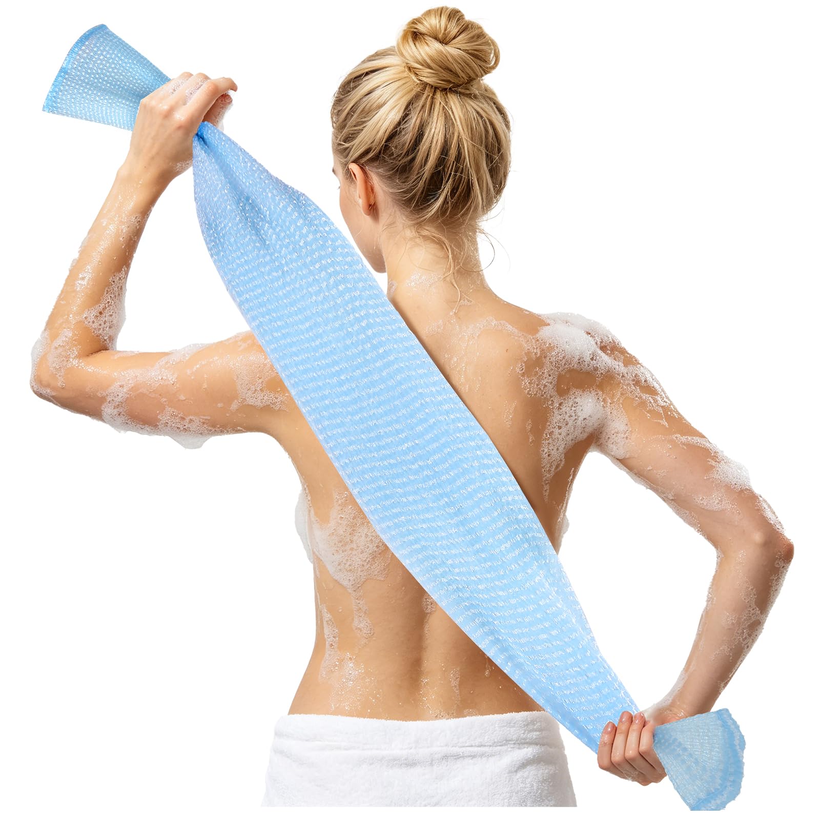 Extra Long Exfoliating Washcloth, Japanese Shower Towel, Light Blue-Medium