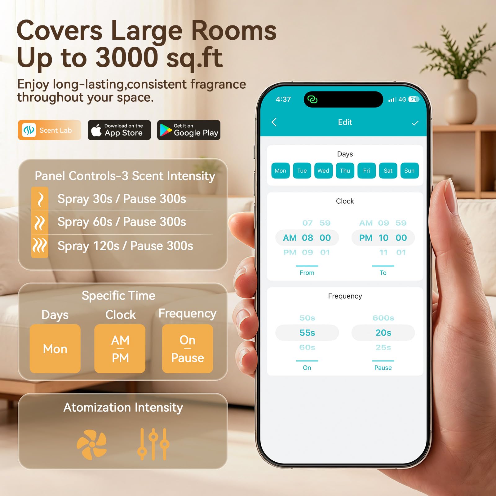 Diffusore di oli essenziali senz'acqua con controllo tramite app Bluetooth, macchina intelligente per profumo, copre fino a 3000 mq per casa, hotel e spa, diffusore silenzioso per aromaterapia