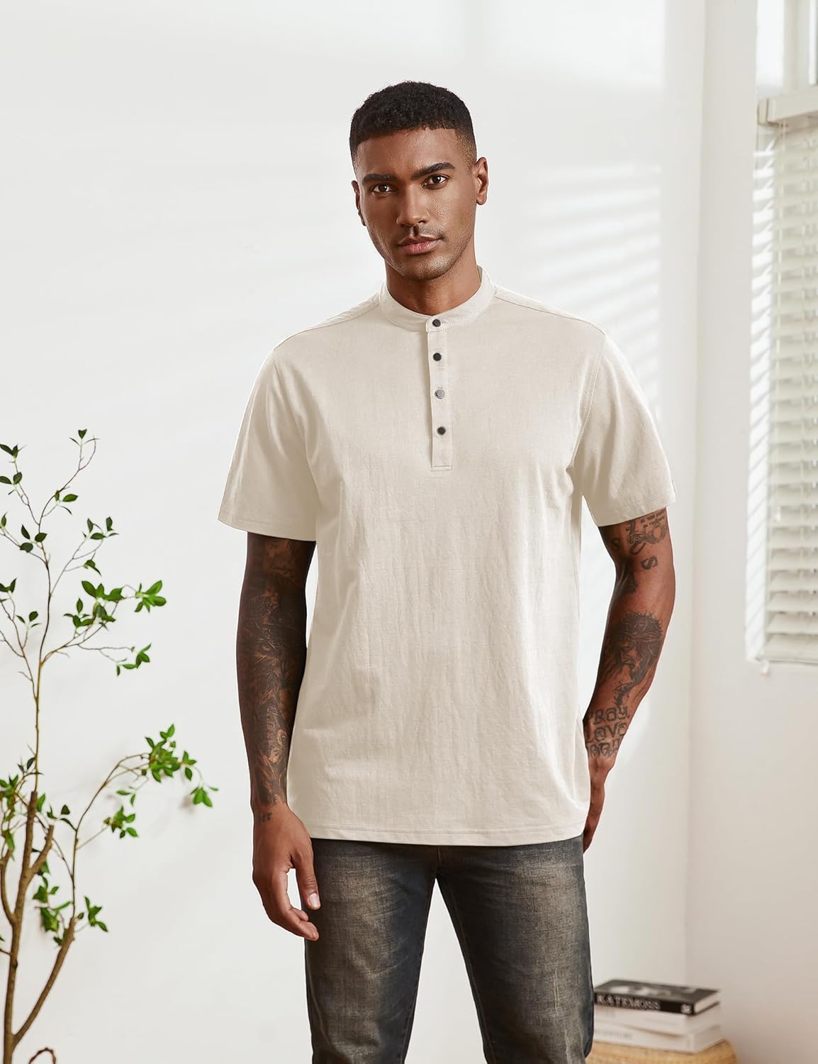 Mens Cotton Linen Shirts Short Sleeve Henley T-Shirt Summer Casual Lightweight Hippie Beach Tops - Image 4