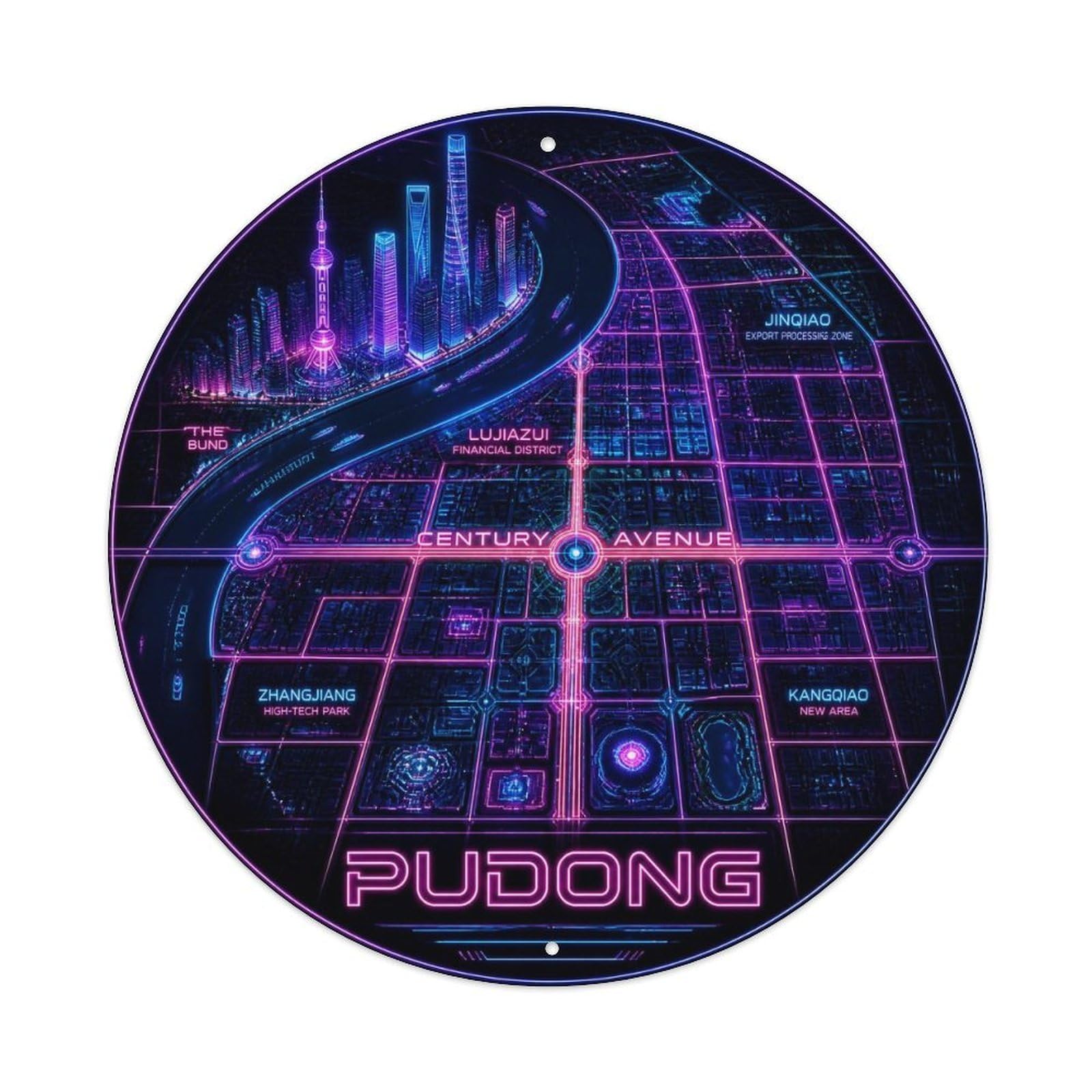 Okngb Style Pudong District Shanghai Collage Travel Color Blocks Metal Tin Sign Plaque Wall Decor For Cafe, Man Cave, Club Bar, Office, Home Garden Round Metal Poster 8X8inch