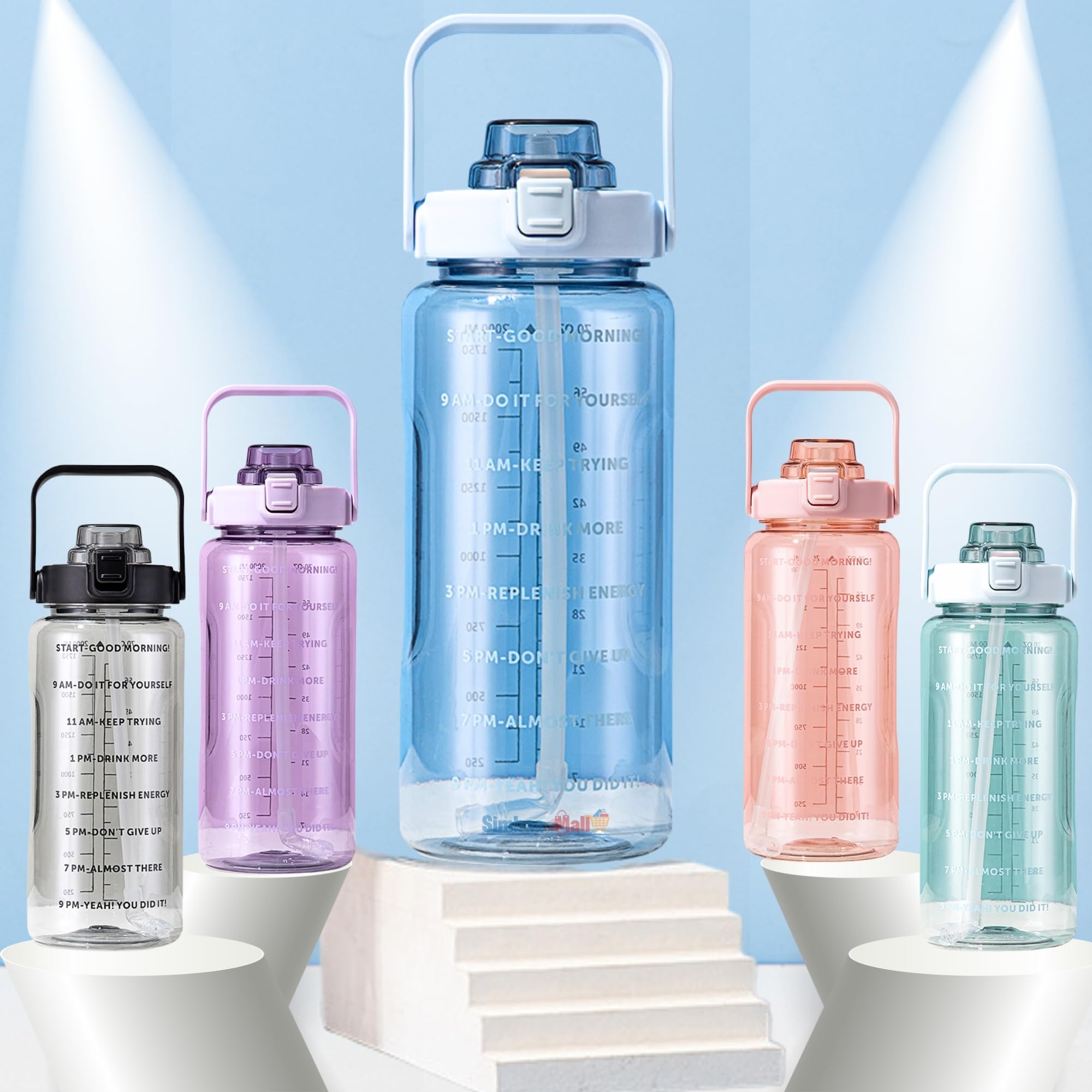 Motivational Large Water Bottle 2 Litre With Reminders Straw & Handle, Water Bottle for Kids, Gym, Sports, Drinking, School, Home, Travel Bottles, Protein Shaker Bottle, |5 Colors (BLUE)