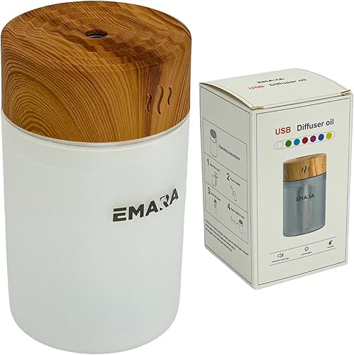 Emara Mini difusor para aceites esenciales, USB de grano de madera, luces LED de 8.8 fl oz, difusor portátil para aceites esenciales, difusor de