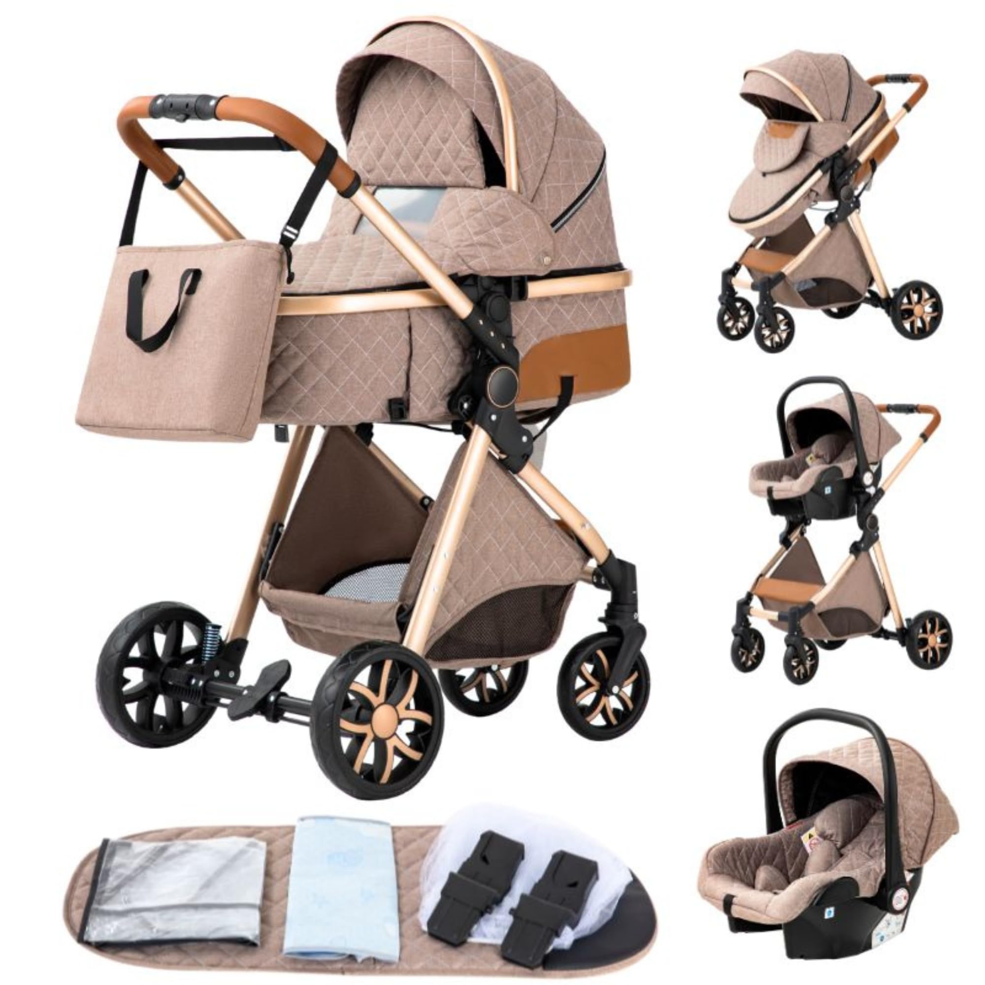YAZOCO Passeggino Trio 3 in 1 Carrozzina Ovetto Pieghevole Set Viaggio Khaki