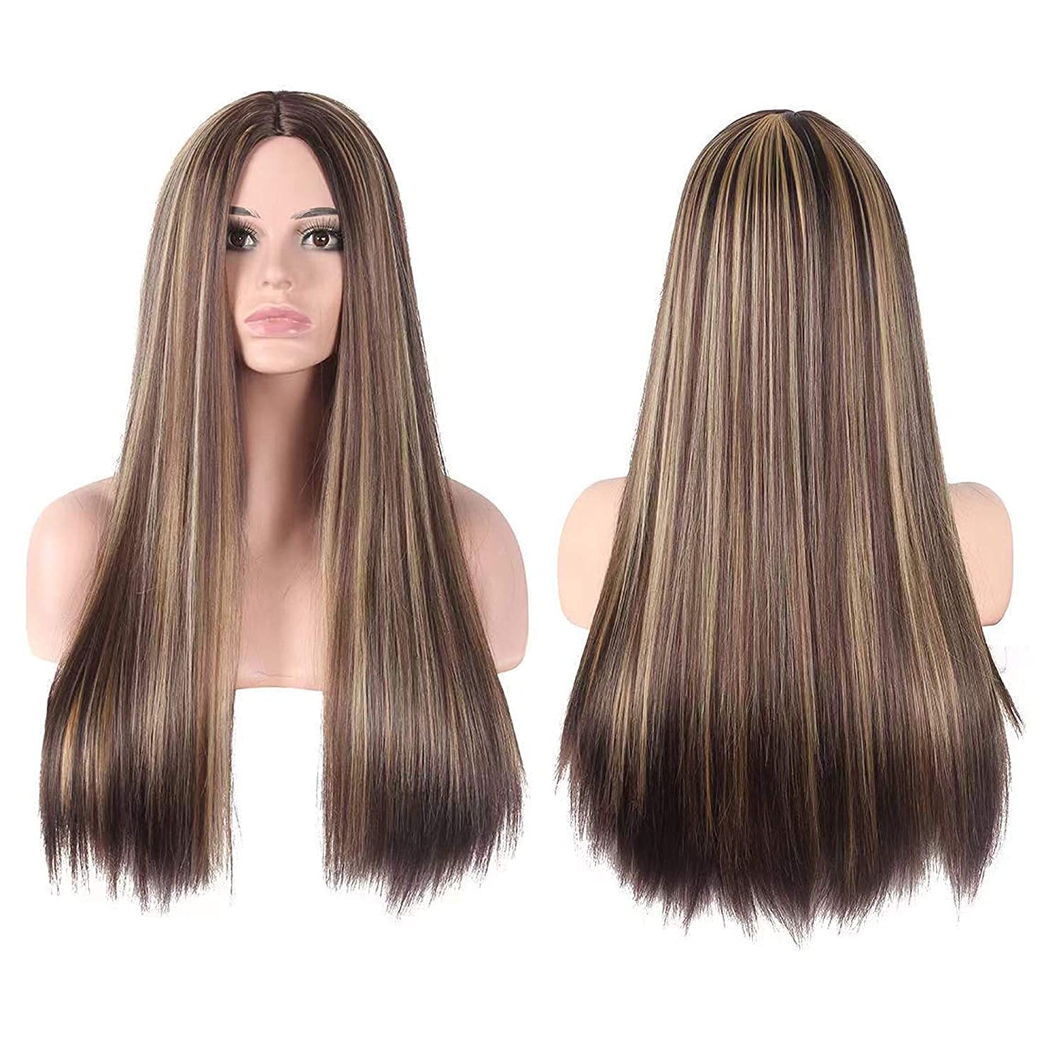 ASSU Heat Resistant Straight Wig With Brown Highlights Long Middle Hair Wig Synthetic Hair Wigs For Women With Comb