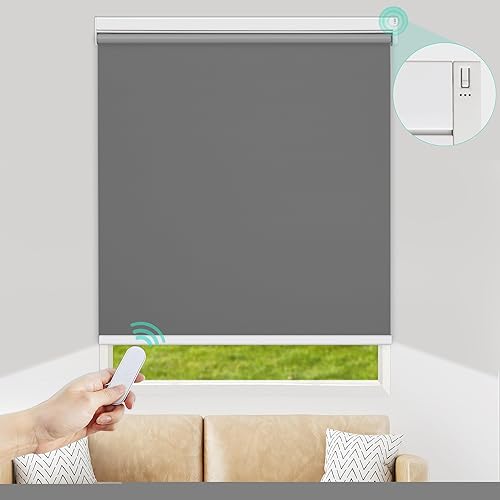 Allesin Persianas enrollables motorizadas con control remoto para ventanas, persiana enrollable inteligente, eléctrica a pilas (gris oscuro, 39