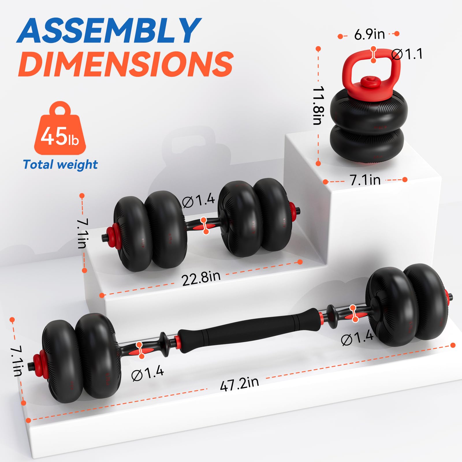 LIFERUN Set di manubri regolabili, 20,4 kg/30,4 kg, set da palestra a casa, 4 in 1 utilizzati come bilanciere, manubri, kettlebell, dischi pesi, morbido rivestimento in PVC, salvaspazio, esercizi