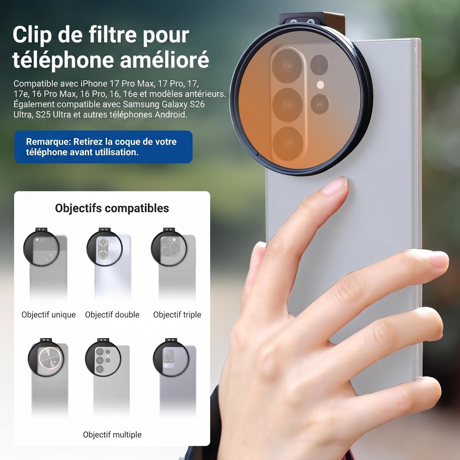 NEEWER 67mm Kit de filtres ND avec Clip Fixation pour Griffe Flash,7 Pack filtres: 4 filtres dégradés de Couleur+étoile+ND 32+CPL.Compatible avec iPhone 17 16,Android Samsung Galaxy S26 Ultra,FL-P15