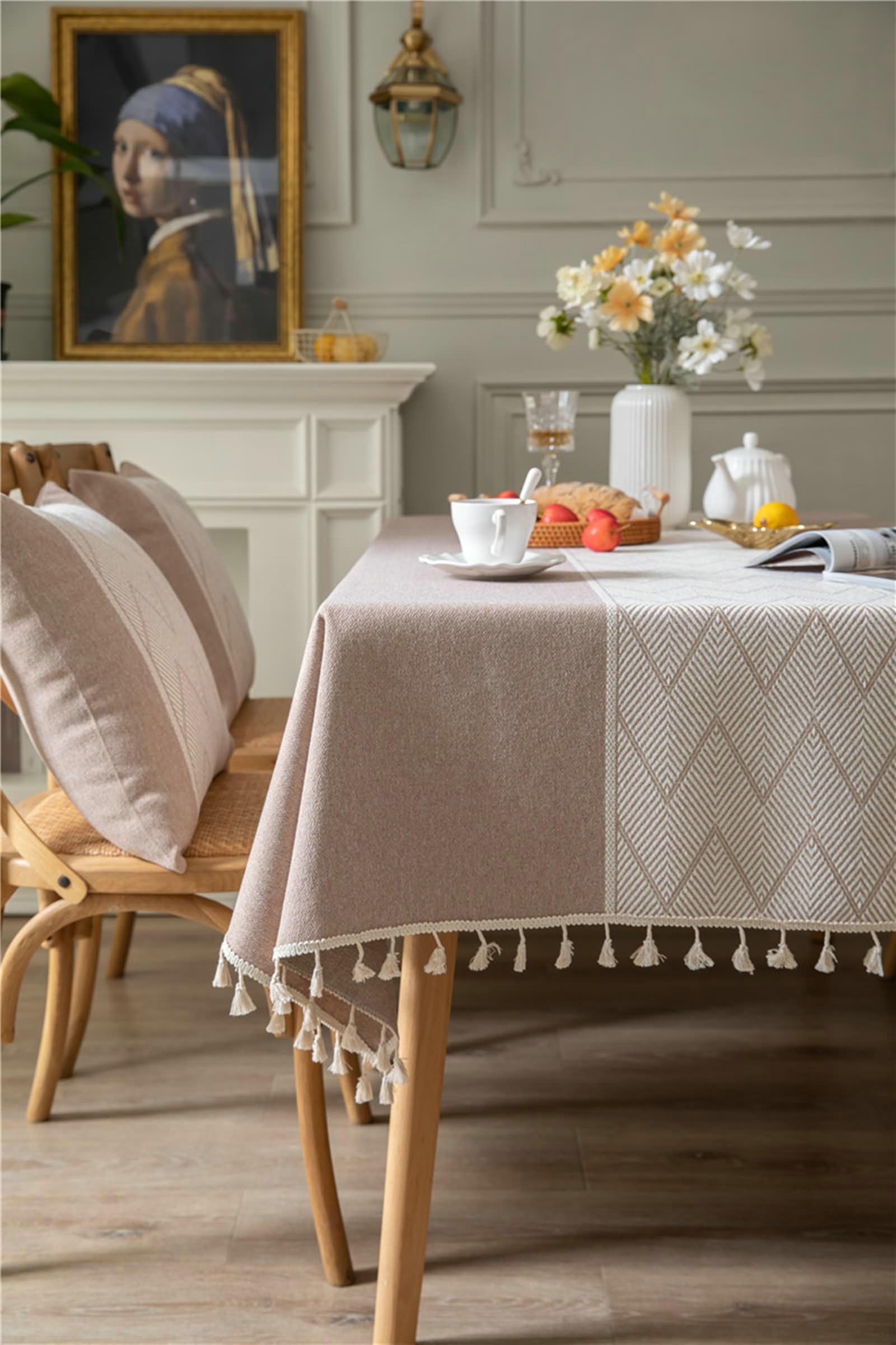 Gualiy Manteles Tela Mesa Rectangular, Poliéster Algodón Mantel Comedor 140x220CM Manteles Mesa Antimanchas Rayas Onduladas con Borlas Mantel para Mesa Cocina, Caqui