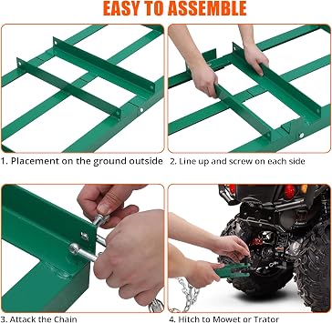 Towallmark 48Lawn Leveling Rake & Driveway Drag Harrow - Heavy-Duty Tow-Behind Tool with 4FT Reinforced Chain - for ATV, UTV, Tractor, Mower - Gravel, Soil, Yard & Landscape Grading