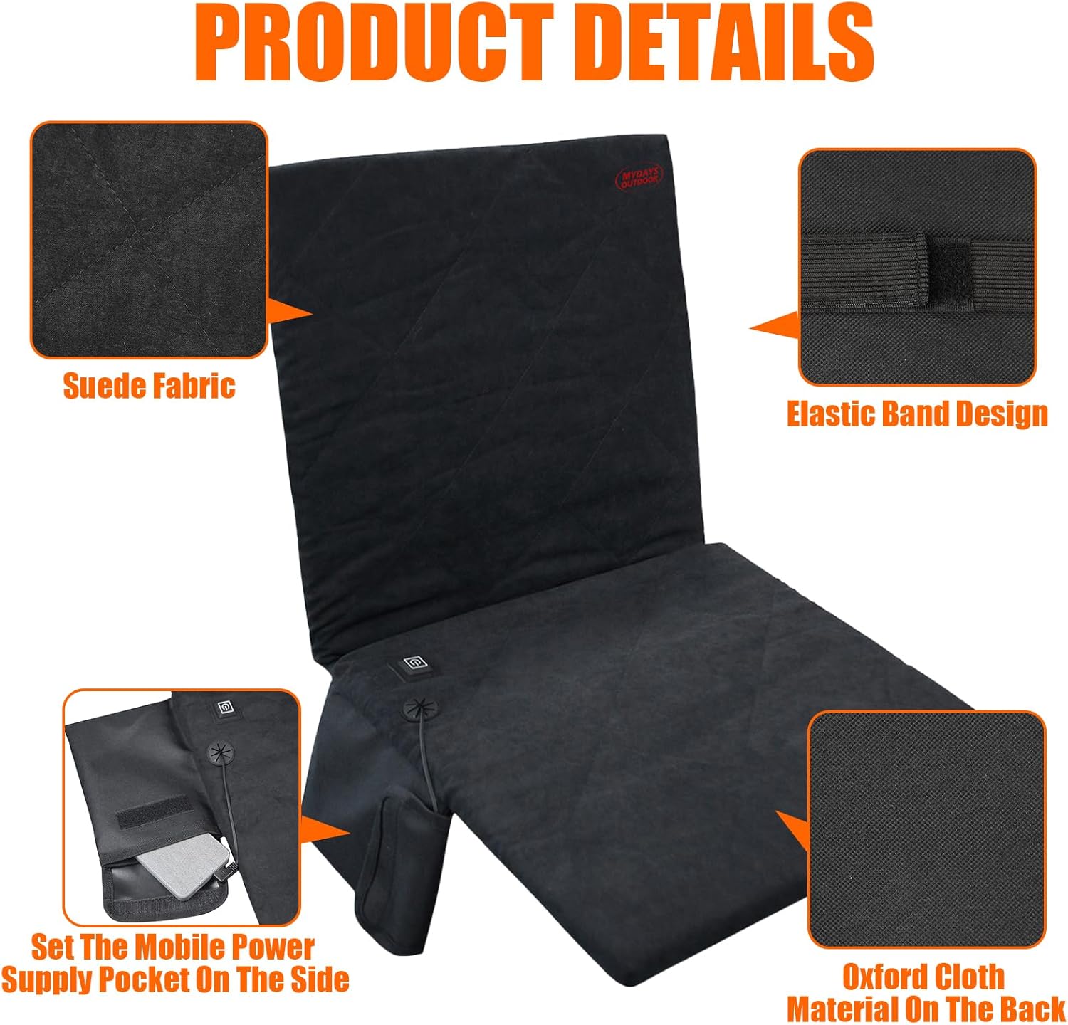 Portable Heated Seat Cushion,USB Powered 3 Mode Adjustable Foldable Back Heated Chair Pad for Camping Chair,【No Power Bank】 Heating Backrest Cushion for Outdoor Stadium Hunting