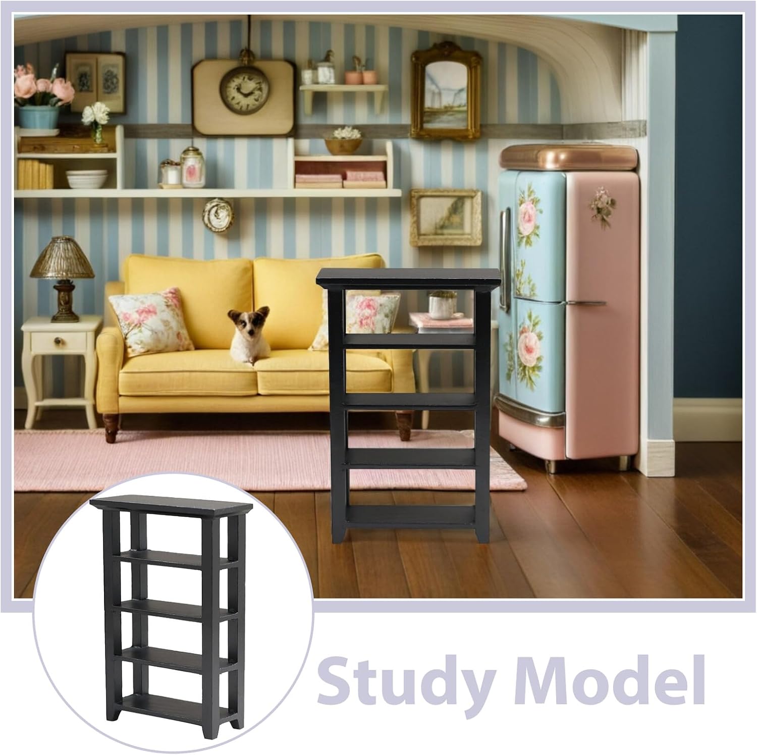 Toyvian Miniature Furniture Model Black Flower Stand and Tiny Bookshelf Model for Dollhouse 4-Layer Bookcase Mini Decor Educational Toy 5.00X3.30X1.18In