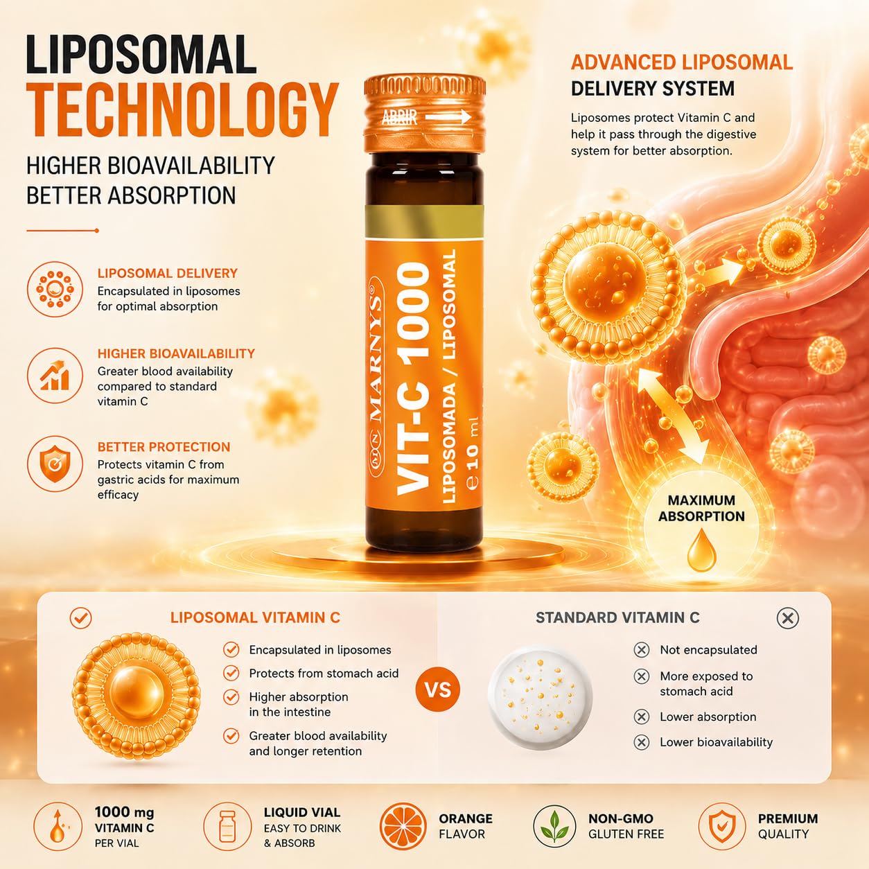 MARNYS Vitamin C Liposomal 1000mg 20 Drinkable Vials, High-Absorption Liposomal Vitamin C Food Supplement for Adults, Ready-to-Drink Immune & Antioxidant Formula