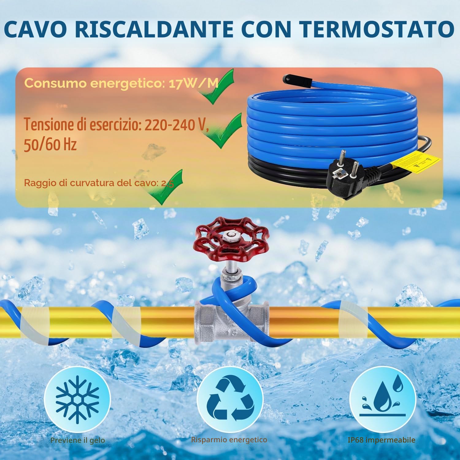 Cavo riscaldante antigelo con termostato da 2 m e nastro adesivo da 10 m, 68 W 230 V, cavo riscaldante con protezione IP68 17 W/m con interruttore automatico, nastro riscaldante per
