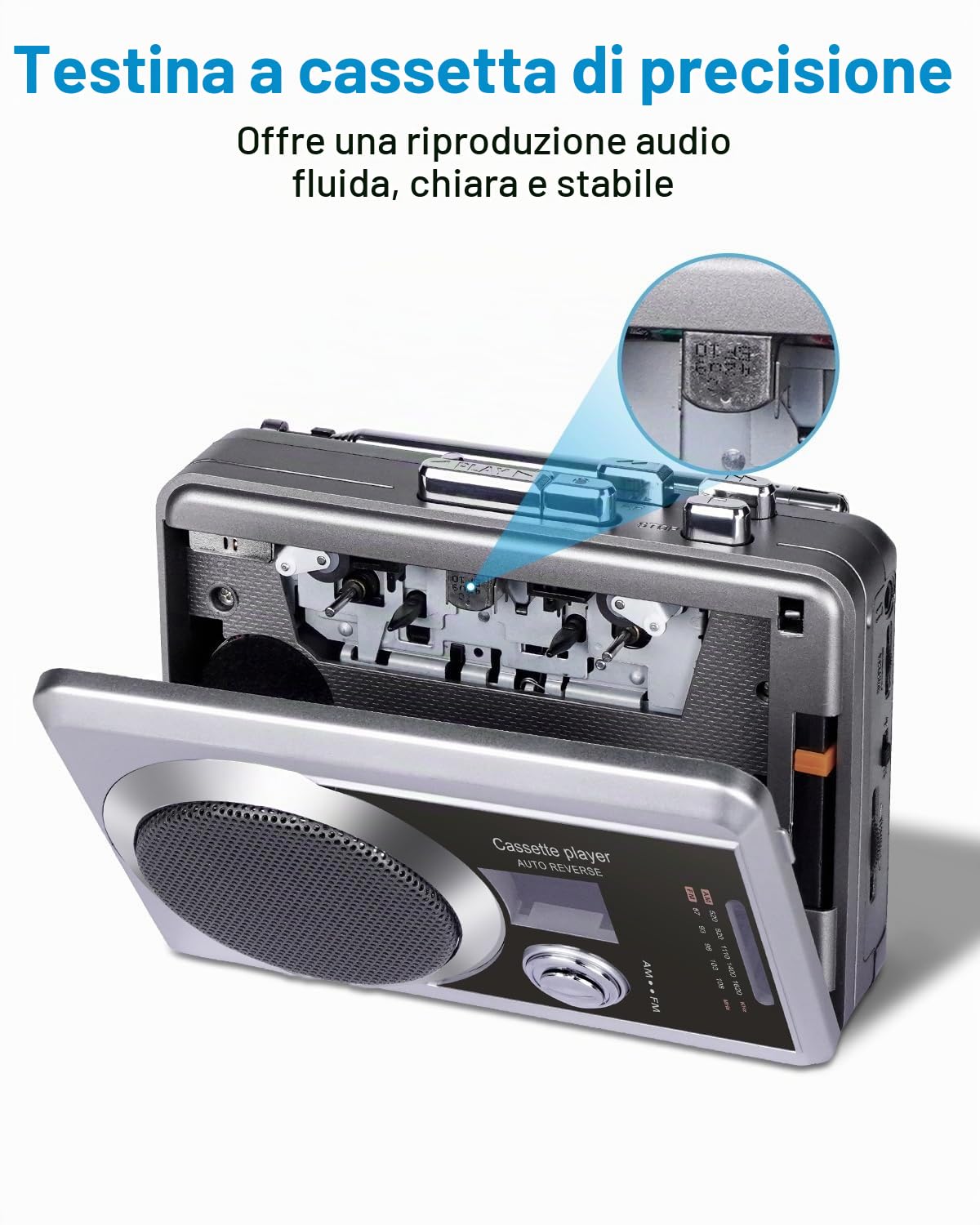 Lettore registratore a cassette portatile e radio AM/FM, lettore di cassette compatto con jack per cuffie da 3,5 mm, altoparlante integrato, alimentato a batteria/USB