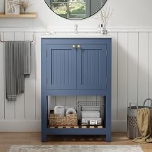24 Inch Small Bathroom Vanity with Sink, Modern Bathroom Sink Cabinet with Open Shelf, Ceramic Basin, Blue