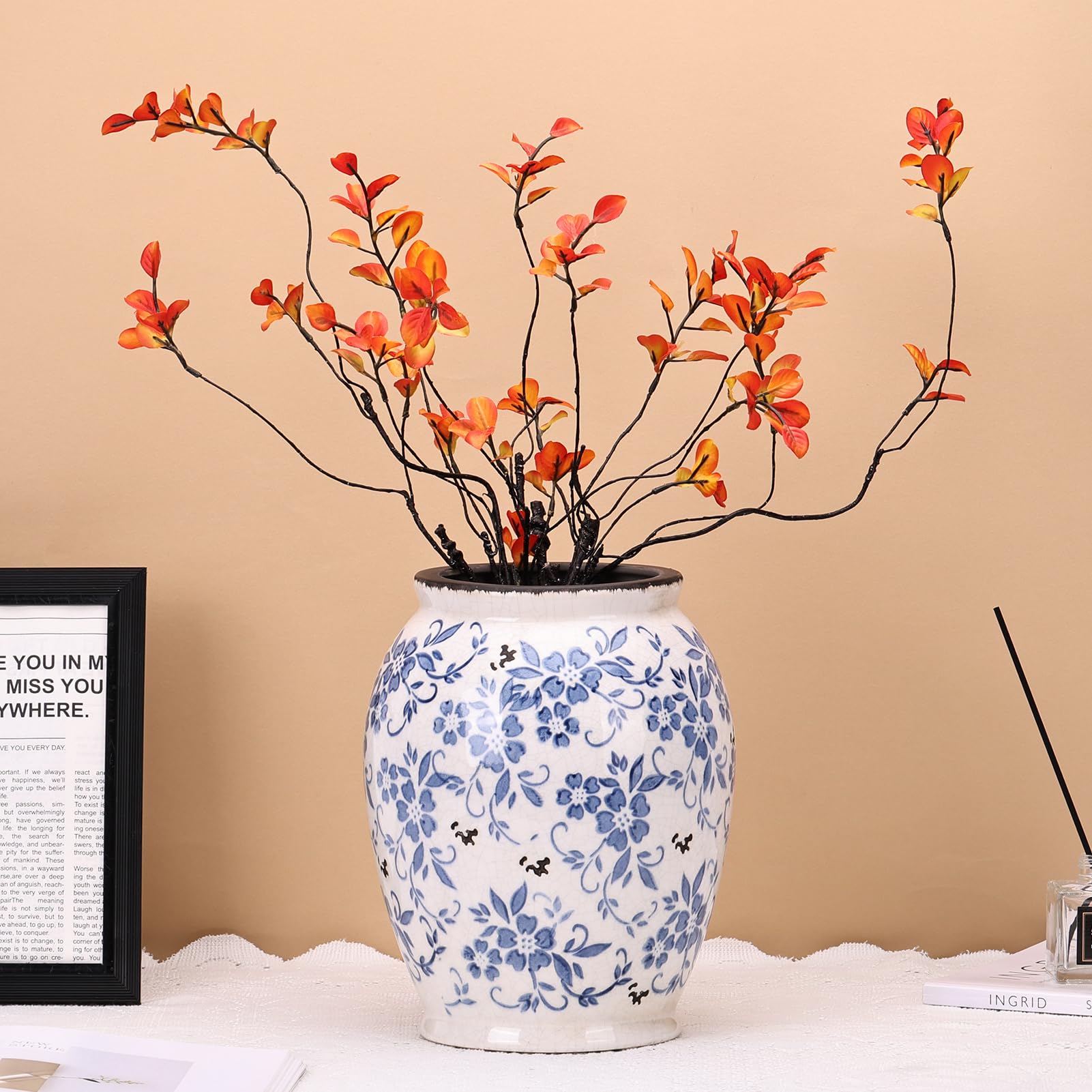 orenm Vase Keramik Blau Weiß – Deko Vase Vintage, Porzellan Große Vase für Wohnzimmer Tischdeko,Esstisch & Fensterbank 23.5cm Höhe