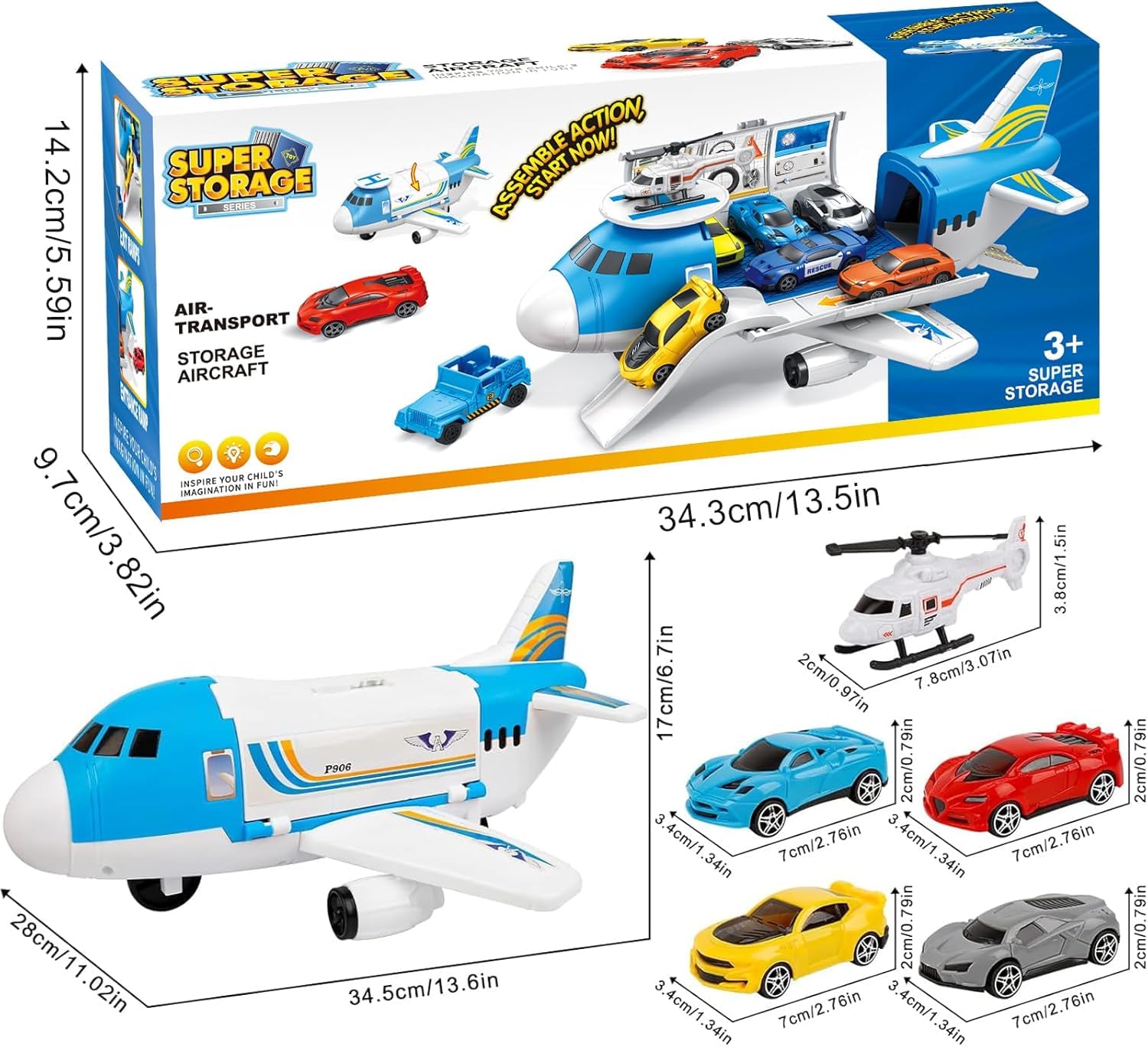m zimoon Avions Jouets Transporteur Ensemble avec 4 Voitures, 1 pièces Hélicoptère Jouet et 1 Bricolage Autocollants Cadeau pour 3-12 Ans Garçons Filles