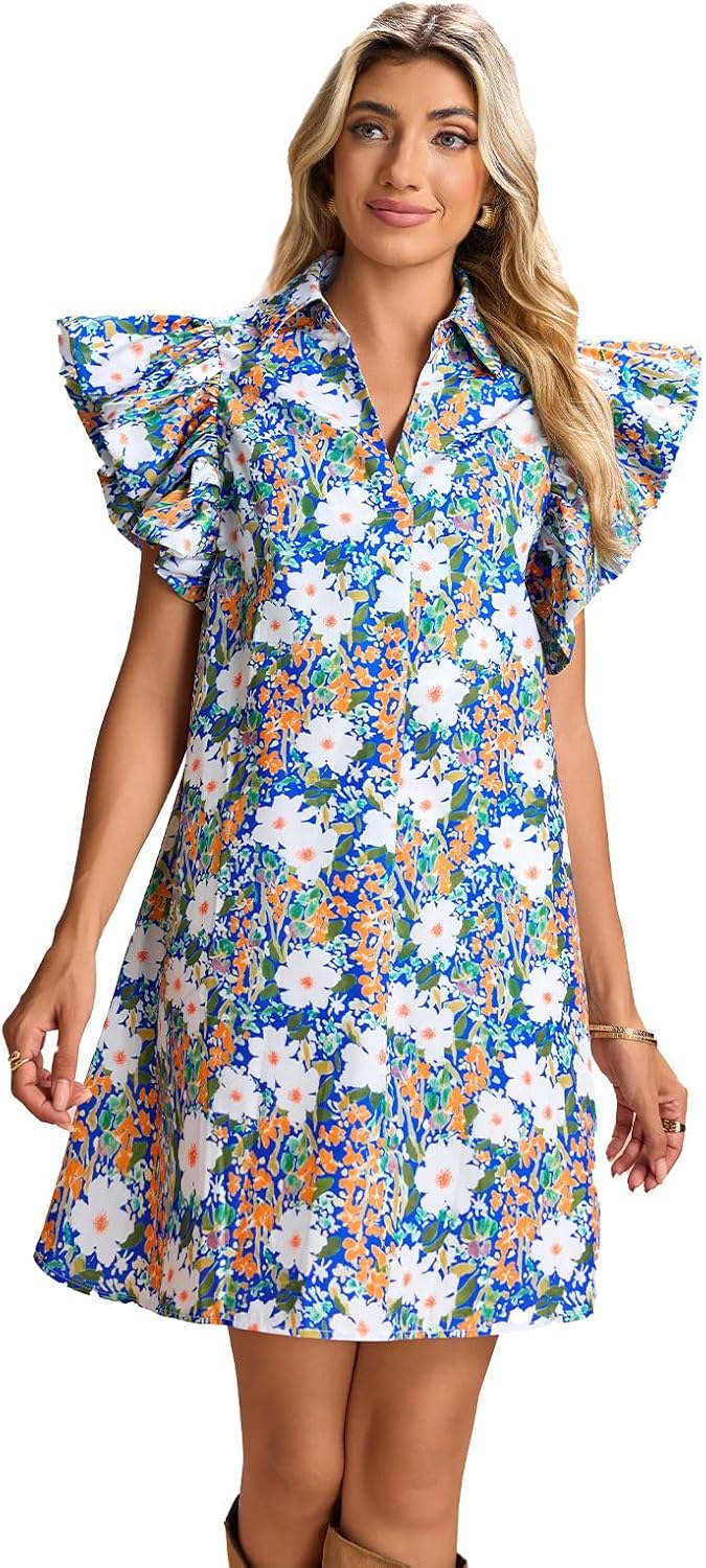 hibshaby Women's Floral Babydoll Mini Dress V-Neck Ruffle Sleeve Cute Dress Sundress - Image 4