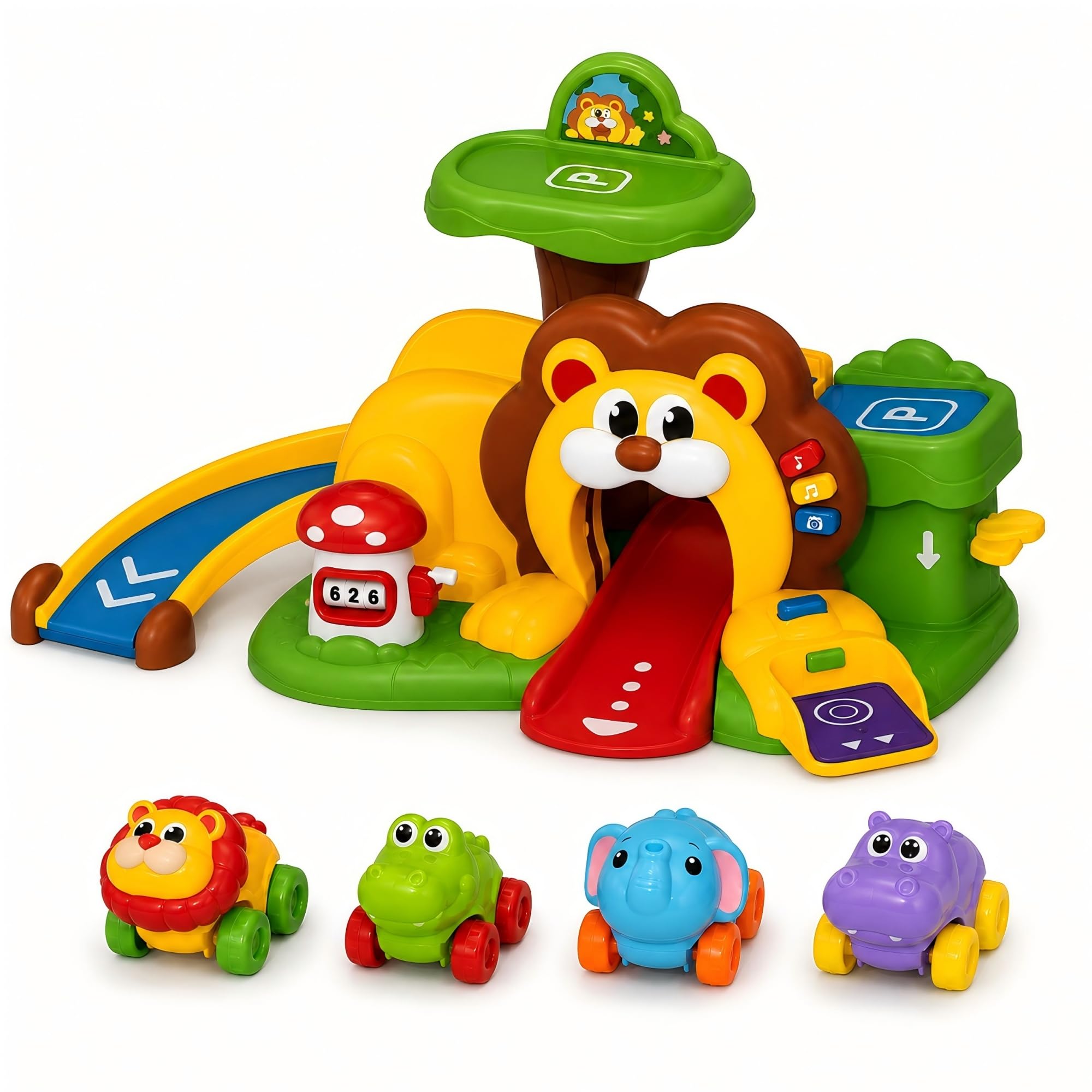 1 Year Old Boy Toys, Lion Car Ramp Slide, 4 Animal Cars &amp; Lights