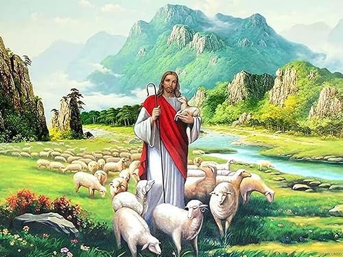 UPABLUNSO Pintura de diamantes de Jesús con cordero Jesucristo El Señor es mi pastor, kit católico religioso para adultos, taladro completo, pintura