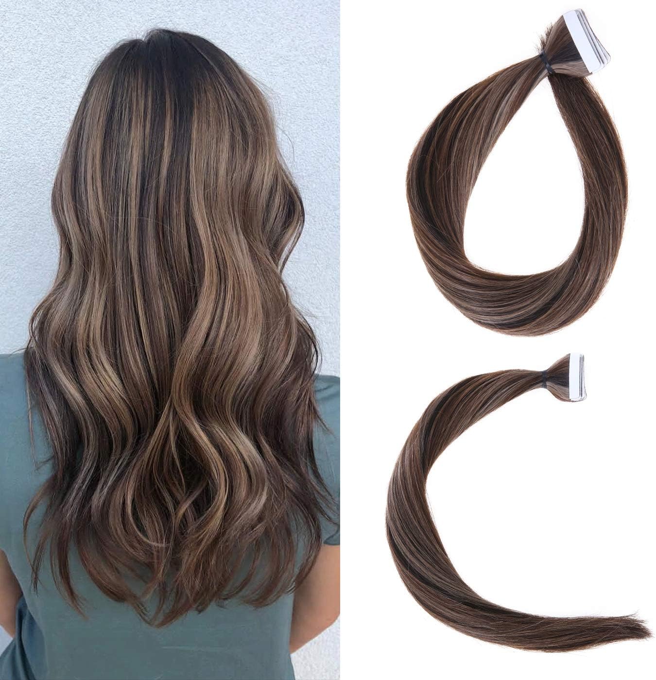 Loxxy Remy Hair Extensions Tape In Human Hair Invisible Seamless Tape on Hair Extensions Skin Weft Tape Ins Color P #2/4/6 Dark Brown With Chocolate Brown And Chestnut Brown 20pcs 50g/pack 18Inch