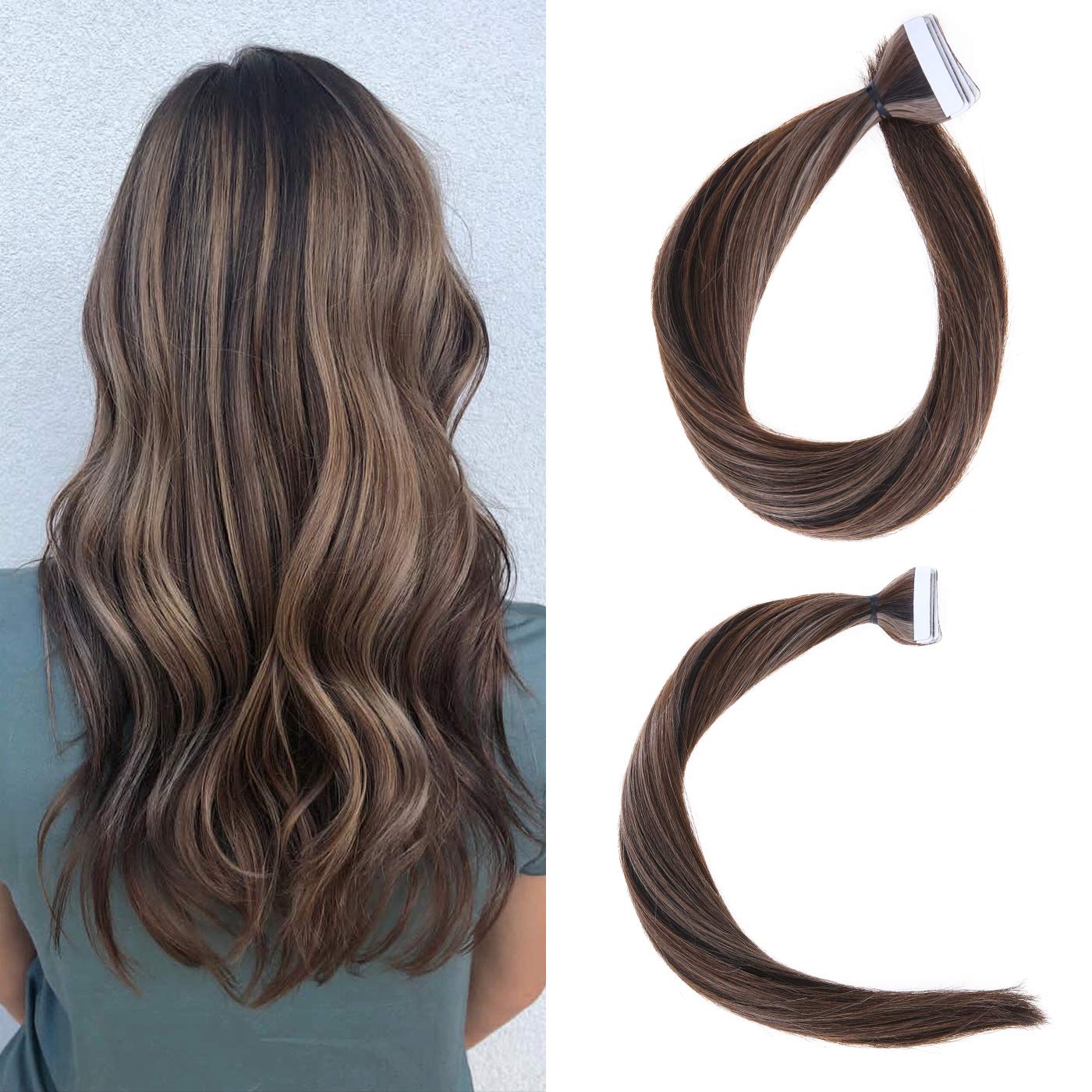 Loxxy Remy Hair Extensions Tape In Human Hair Invisible Seamless Tape on Hair Extensions Skin Weft Tape Ins Color P #2/4/6 Dark Brown With Chocolate Brown And Chestnut Brown 20pcs 50g/pack 18Inch