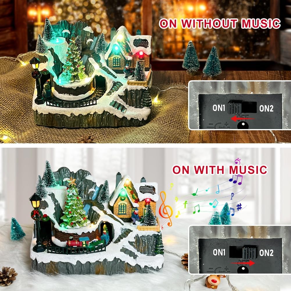 Christmas Village House Tree Figurine with Music and Light, Moving Tree and Train Display Indoor Decorations